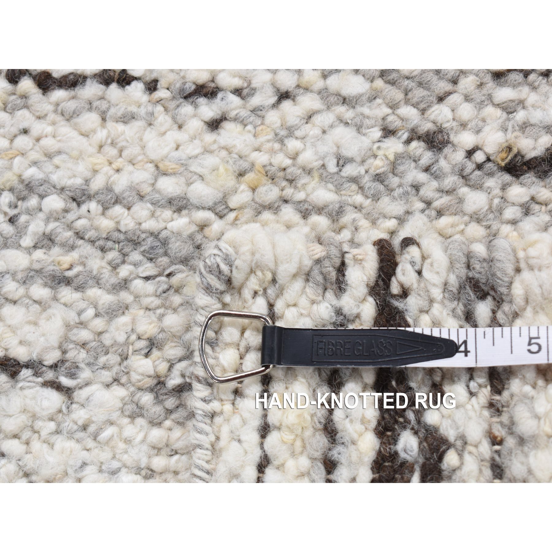 1'10"x1'10" Ivory, 100% Wool, Hand Knotted, Thick Chunky Texture, Natural Undyed Wool, Sample Fragment, Square Oriental Rug Sh87409