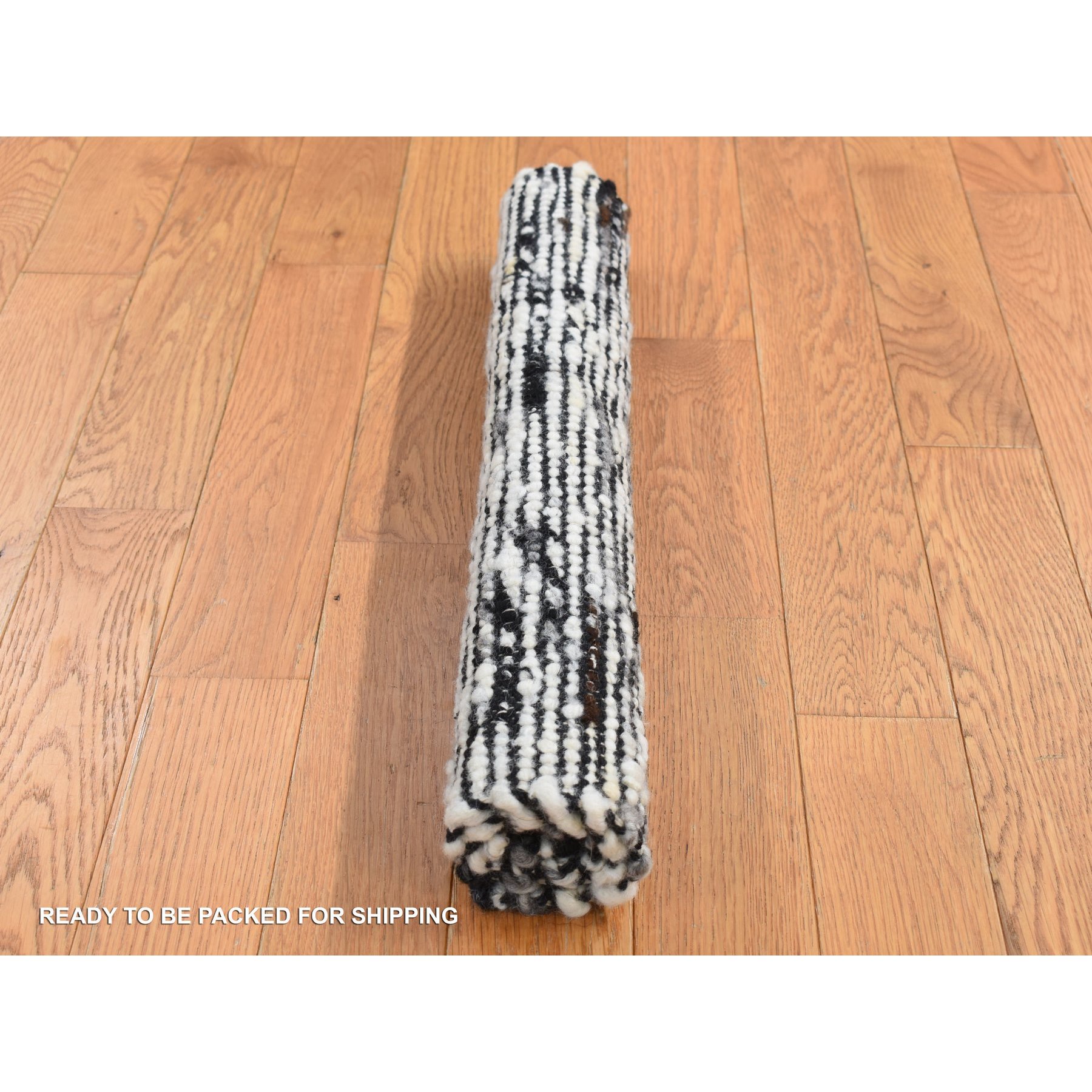 2'x2' Ivory with Black, 100% Wool, Looped and Uncut Pile, Big Knots, Hand Loomed, Natural Undyed Wool, Sample Fragment, Square Oriental Rug Sh87412
