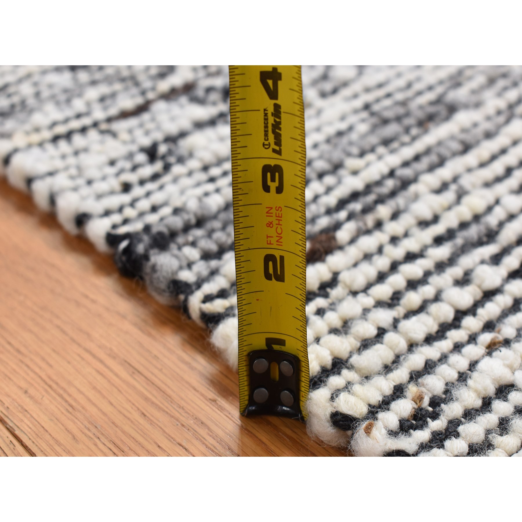 2'x2' Ivory with Black, 100% Wool, Looped and Uncut Pile, Big Knots, Hand Loomed, Natural Undyed Wool, Sample Fragment, Square Oriental Rug Sh87412