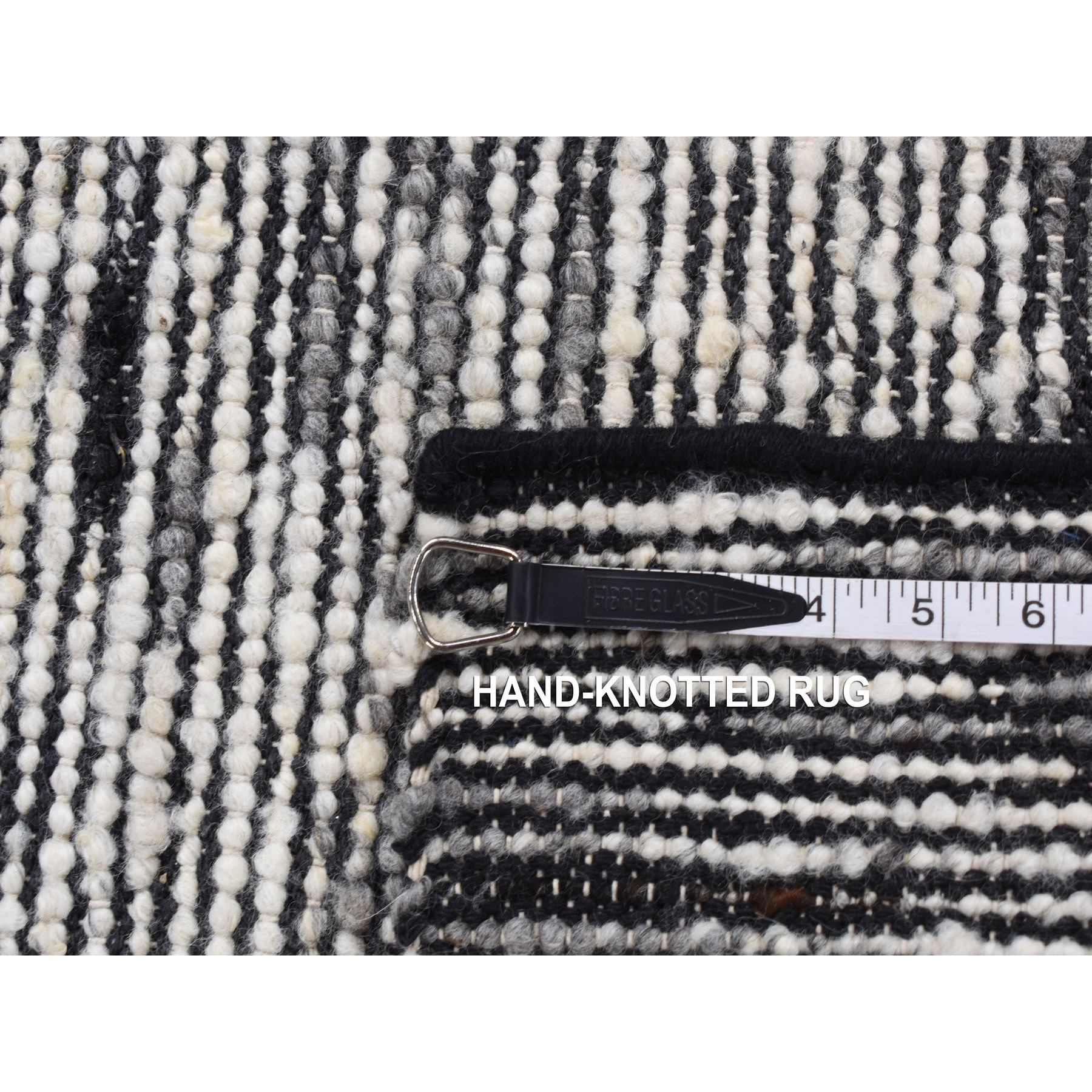 2'x2' Ivory with Black, 100% Wool, Looped and Uncut Pile, Big Knots, Hand Loomed, Natural Undyed Wool, Sample Fragment, Square Oriental Rug Sh87412
