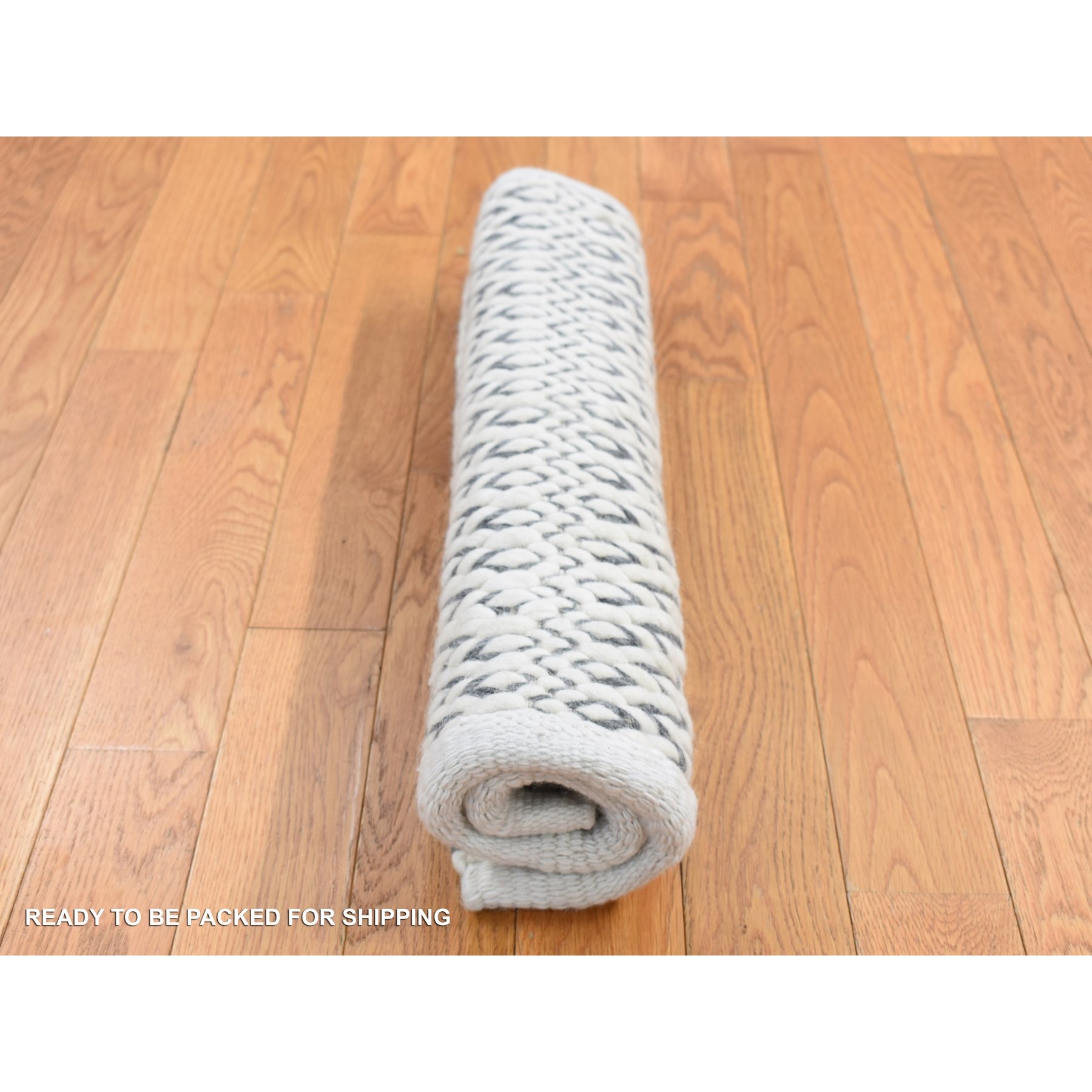 2'2"x2'2" Ivory, Looped and Uncut Flat Weave Pile, 100% Wool, Hand Woven, Big Knots, Natural Undyed Wool, Sample Fragment, Square Oriental Rug Sh87415
