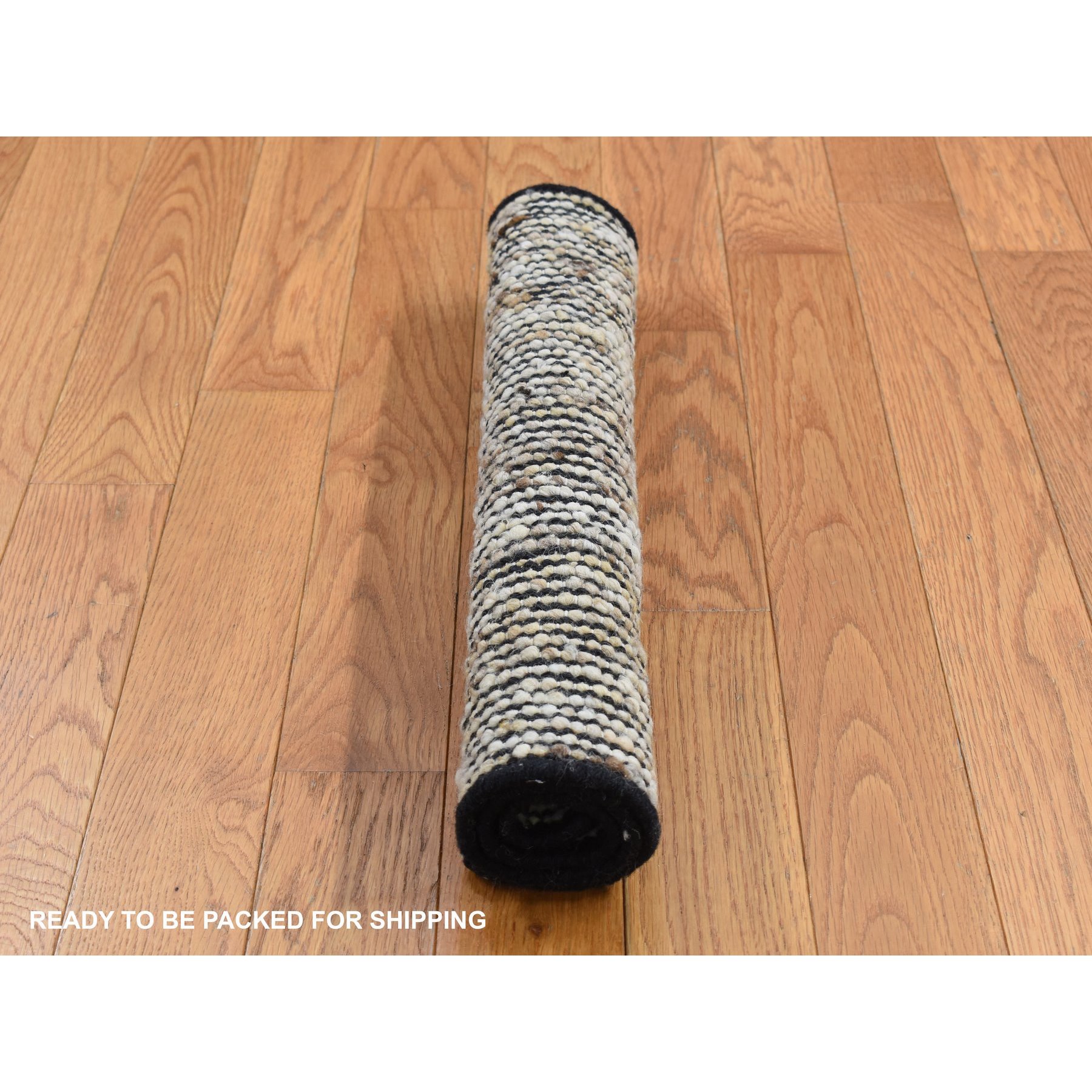 1'10"x2'1" Ivory with Black, 100% Wool, Hand Loomed, Looped and Uncut Flat Pile, Natural Undyed Wool, Sample Fragment, Oriental Rug Sh87420