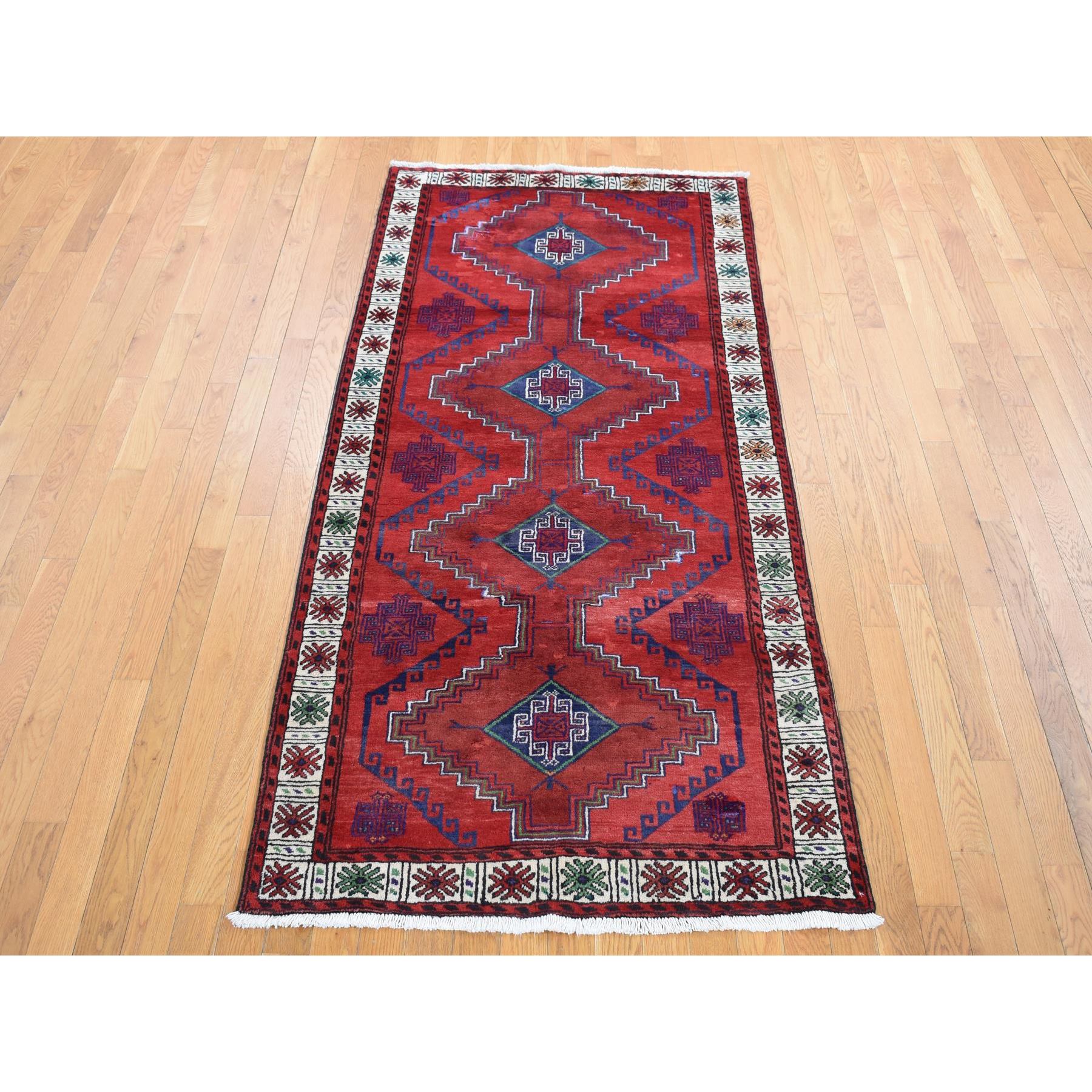 3'8"x7'9" Barn Red, Vintage Persian Hamadan, Full Pile, Mint Condition, Pure Wool, Hand Knotted, Wide Runner Oriental Rug Sh87443