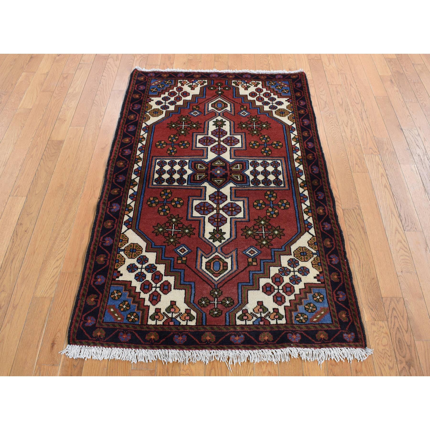 3'5"x5' Alabama Crimson Red, Vintage Bohemian Persian Hamadan Cross Design, Pure Wool, Hand Knotted, Oriental Rug Sh87464