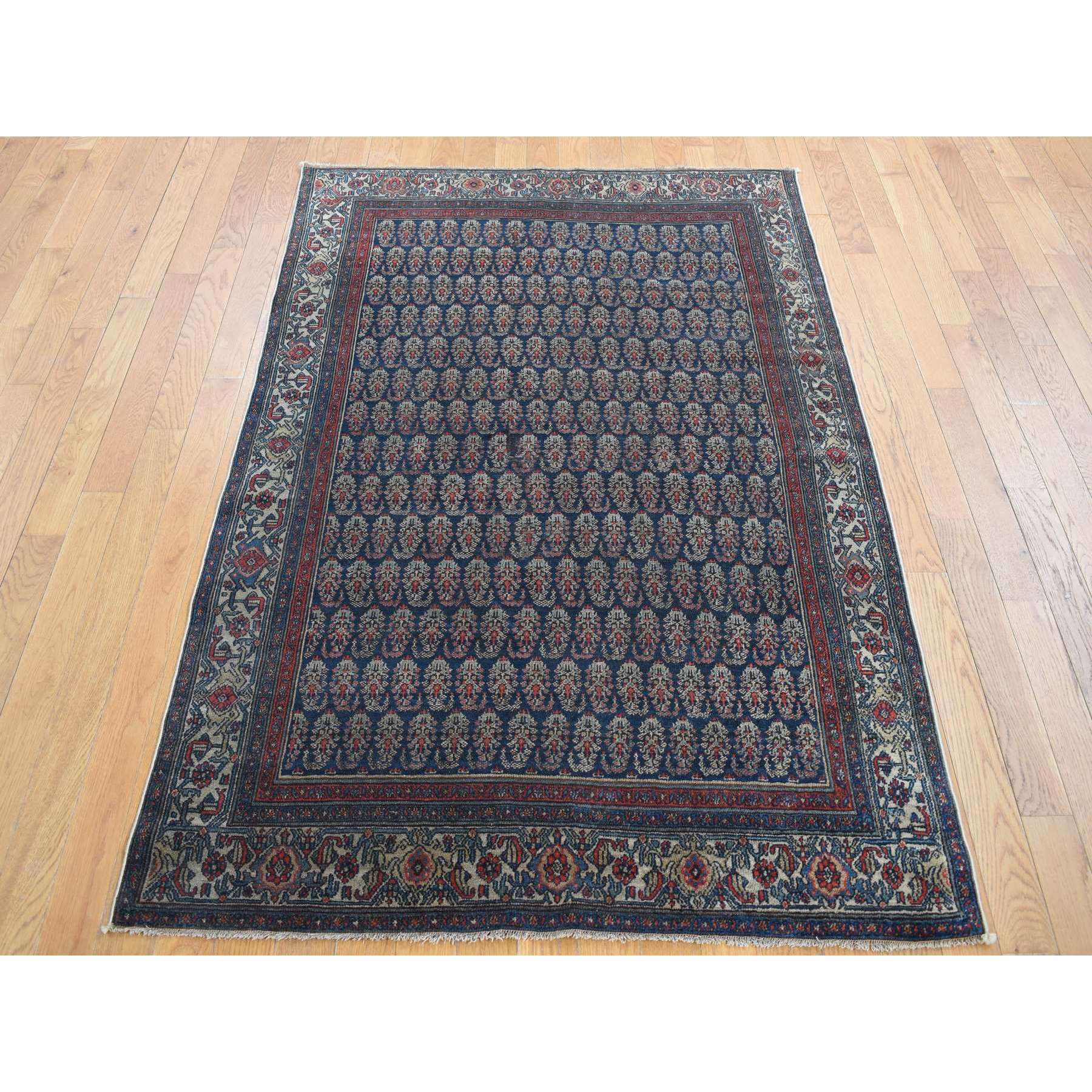 4'x6' Yankees Blue, Antique Persian Senneh, All Over Paisley Repetitive Design, Hand Knotted, Pure Wool, Super Dense Weave, Slight Wear, Cleaned with Sides and Ends Secured, Oriental Rug Sh87479