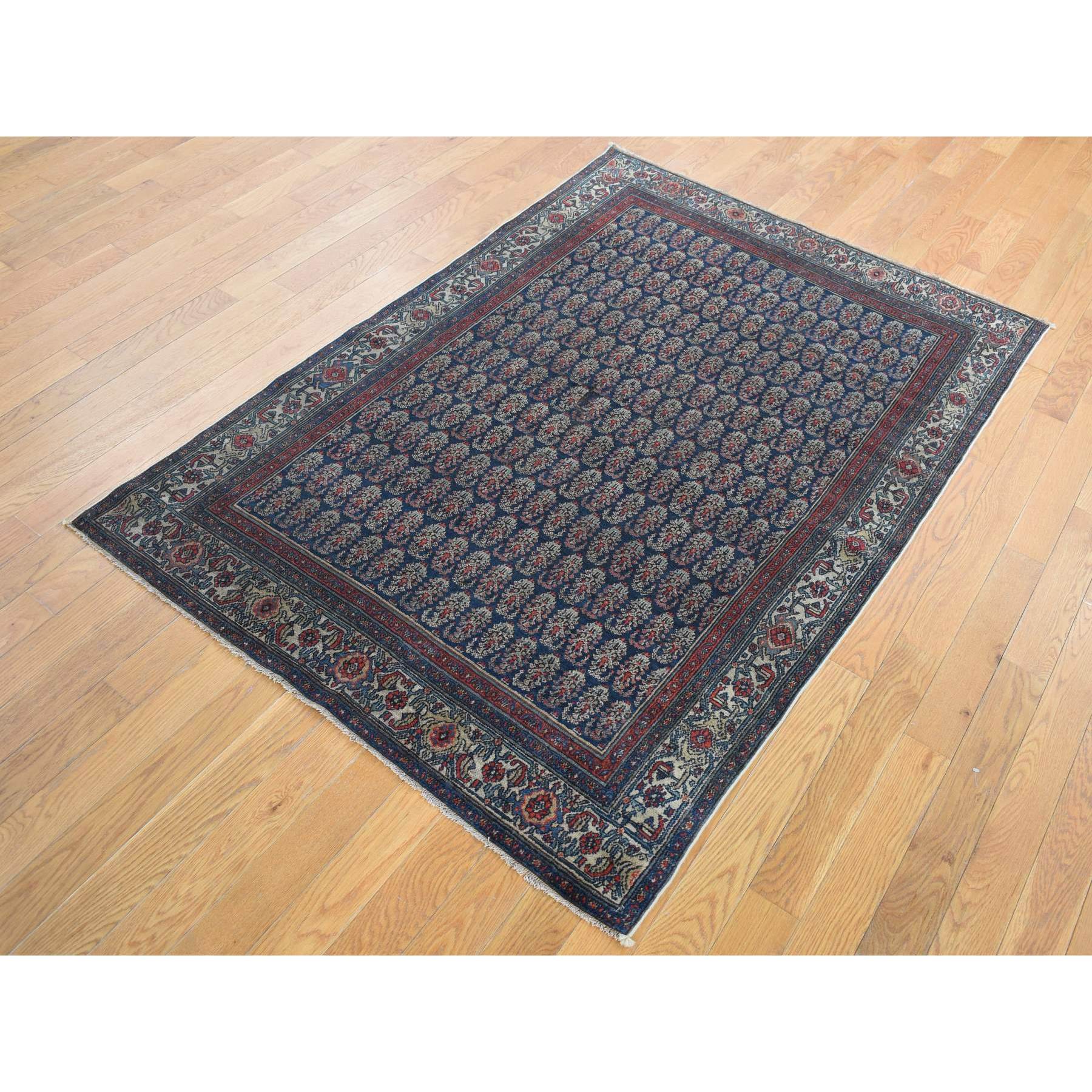 4'x6' Yankees Blue, Antique Persian Senneh, All Over Paisley Repetitive Design, Hand Knotted, Pure Wool, Super Dense Weave, Slight Wear, Cleaned with Sides and Ends Secured, Oriental Rug Sh87479