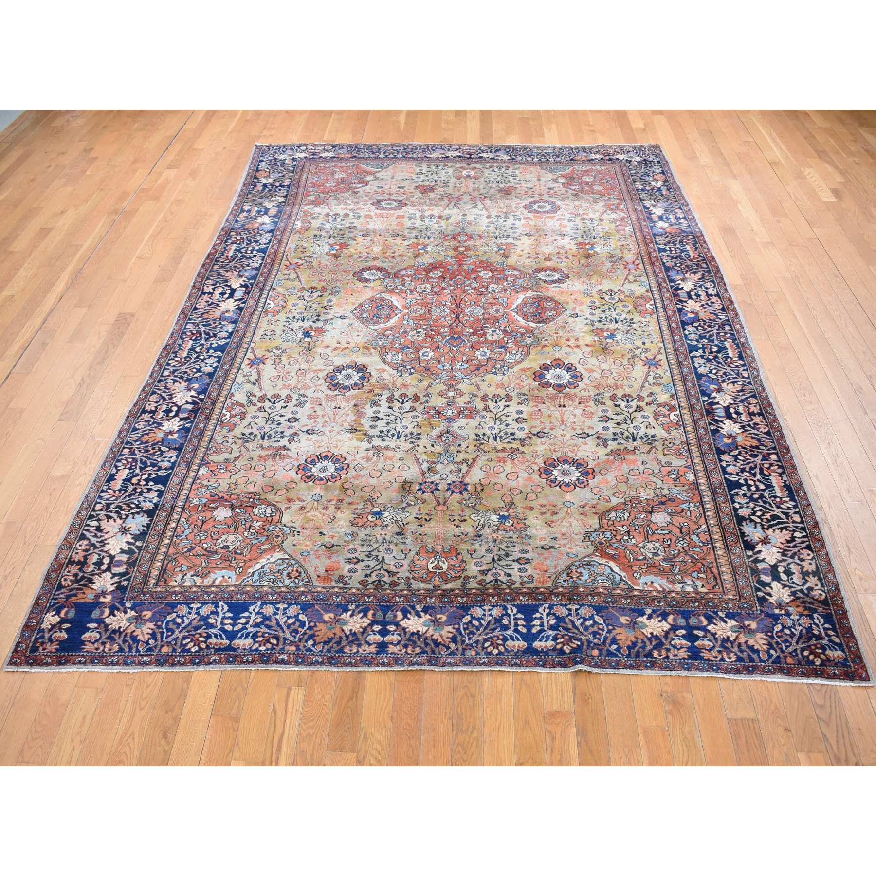 8'4"x11'6" Old Moss Green, Rare Antique Persian Sarouk Fereghan with Medallion Design, Dense Weave, Hand Knotted, Pure Wool, Even Wear and Soft, Cleaned with Sides and Ends Professionally Secured, Oriental Rug Sh87480