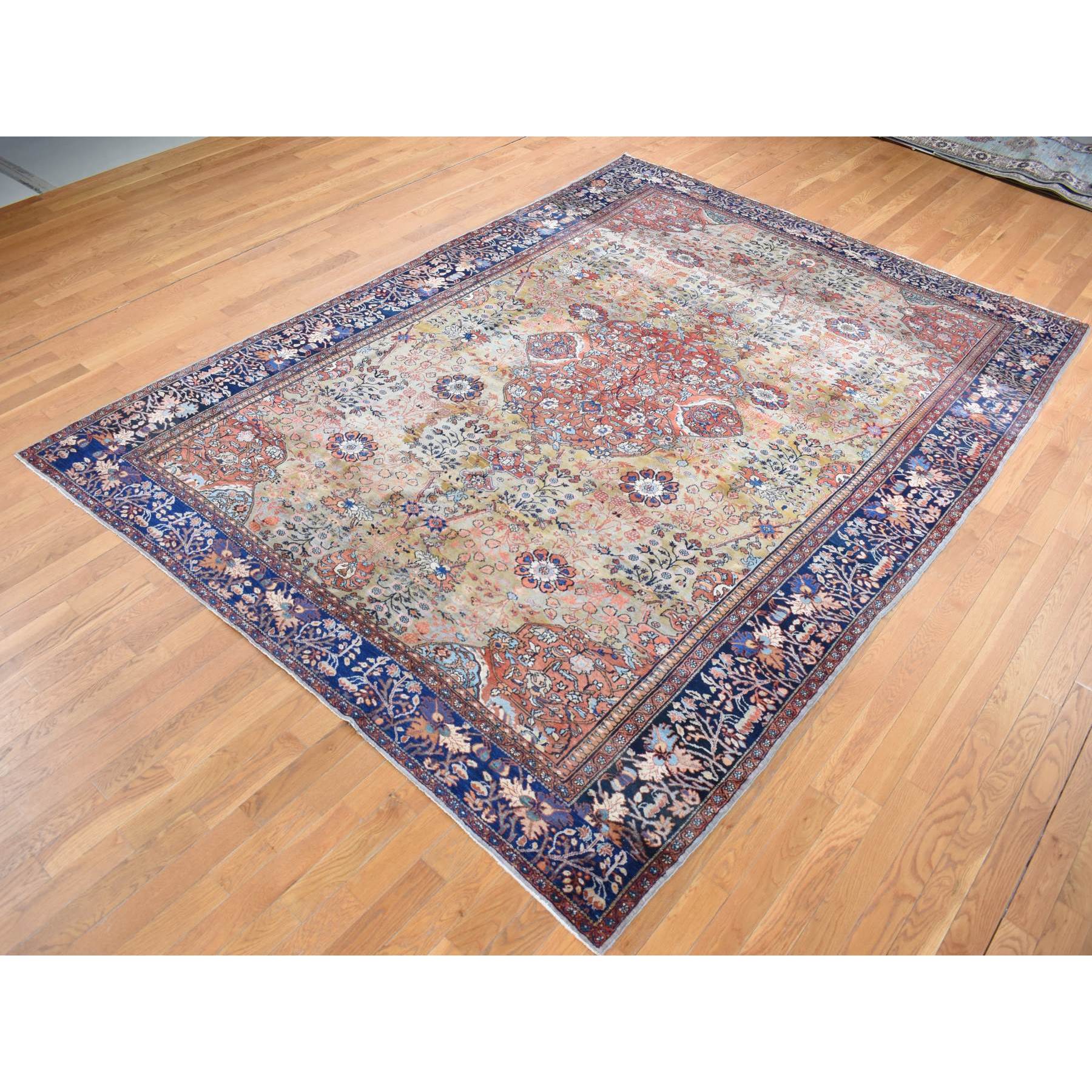 8'4"x11'6" Old Moss Green, Rare Antique Persian Sarouk Fereghan with Medallion Design, Dense Weave, Hand Knotted, Pure Wool, Even Wear and Soft, Cleaned with Sides and Ends Professionally Secured, Oriental Rug Sh87480