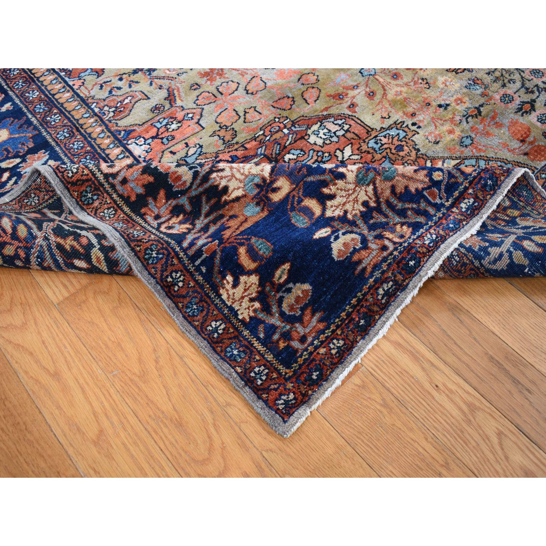8'4"x11'6" Old Moss Green, Rare Antique Persian Sarouk Fereghan with Medallion Design, Dense Weave, Hand Knotted, Pure Wool, Even Wear and Soft, Cleaned with Sides and Ends Professionally Secured, Oriental Rug Sh87480
