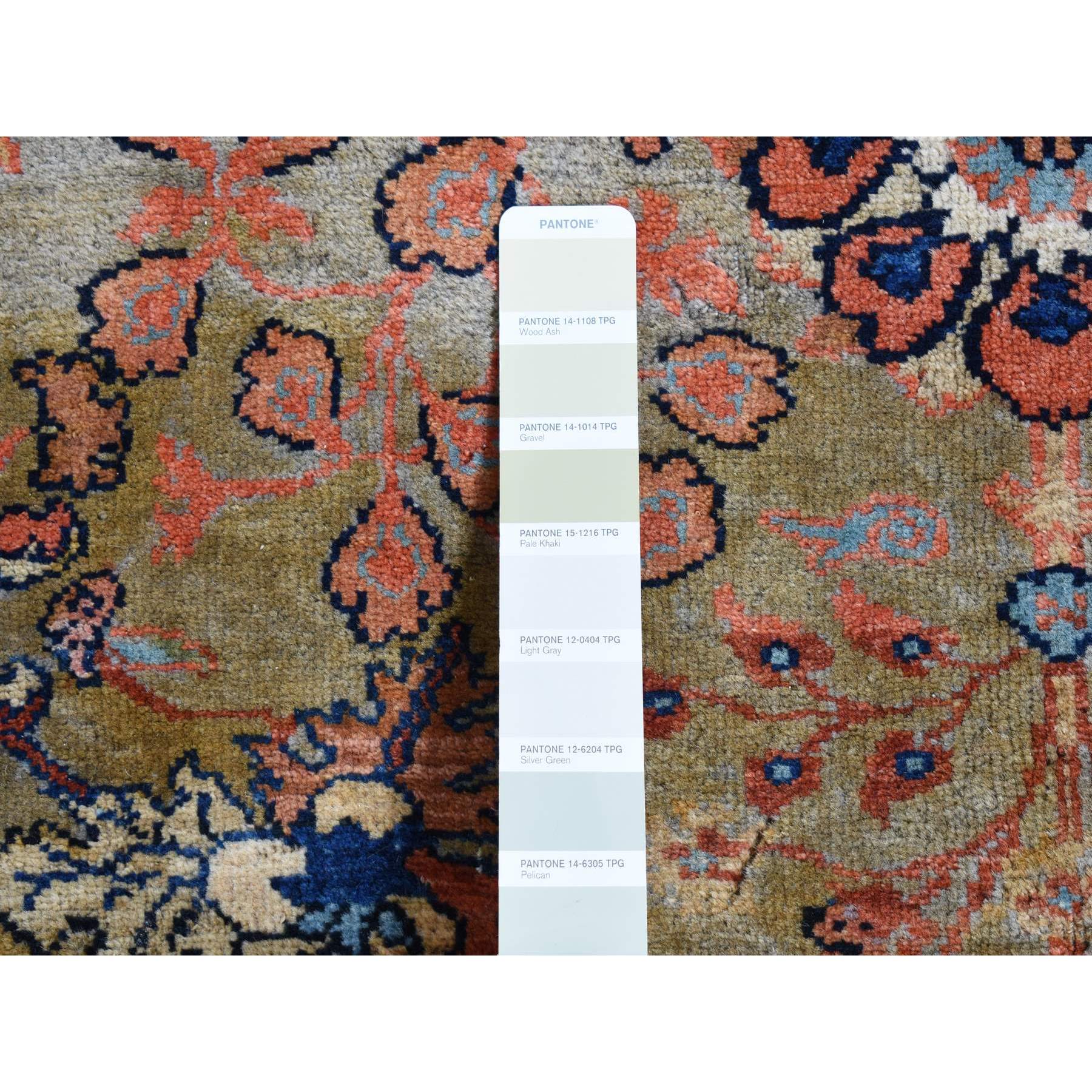 8'4"x11'6" Old Moss Green, Rare Antique Persian Sarouk Fereghan with Medallion Design, Dense Weave, Hand Knotted, Pure Wool, Even Wear and Soft, Cleaned with Sides and Ends Professionally Secured, Oriental Rug Sh87480