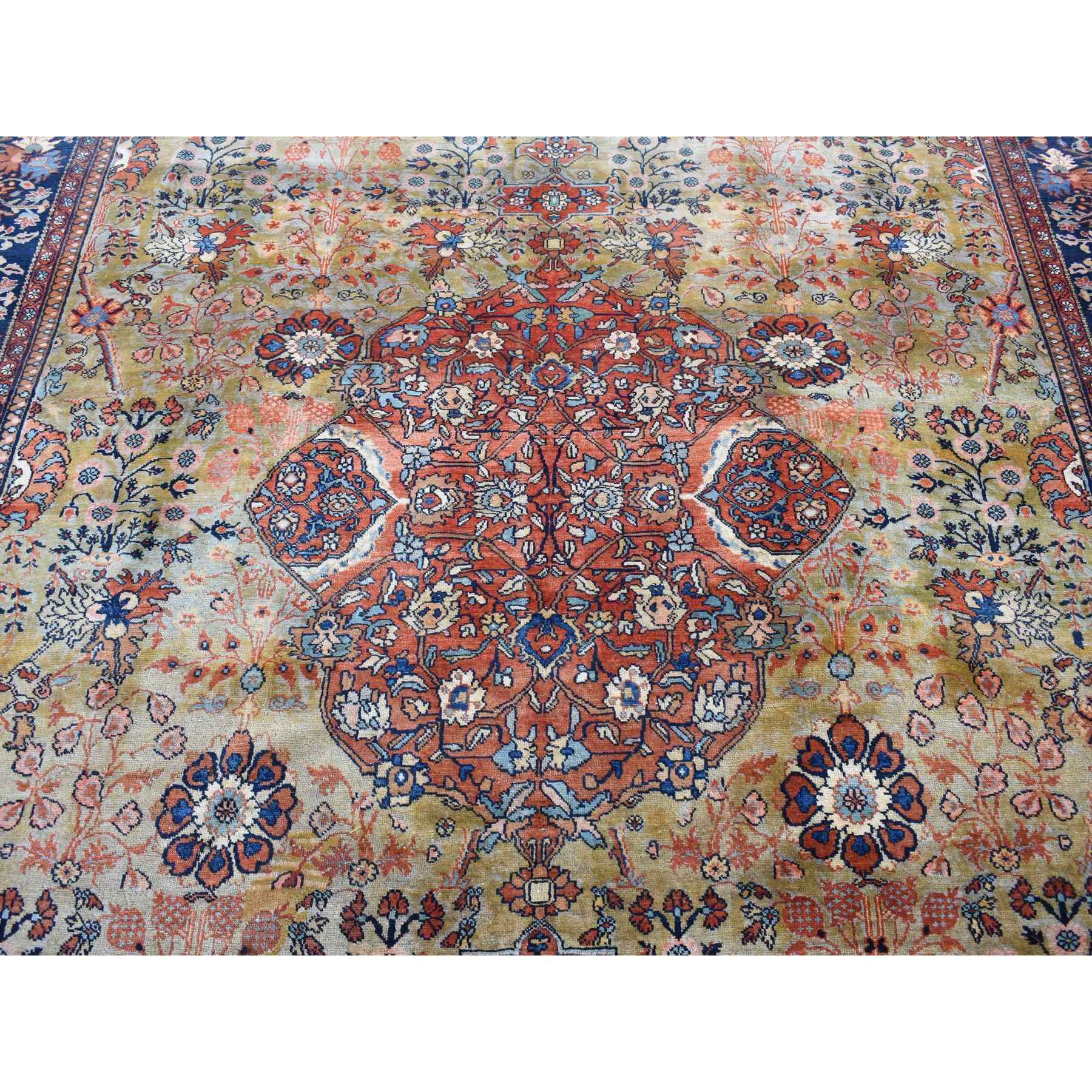 8'4"x11'6" Old Moss Green, Rare Antique Persian Sarouk Fereghan with Medallion Design, Dense Weave, Hand Knotted, Pure Wool, Even Wear and Soft, Cleaned with Sides and Ends Professionally Secured, Oriental Rug Sh87480