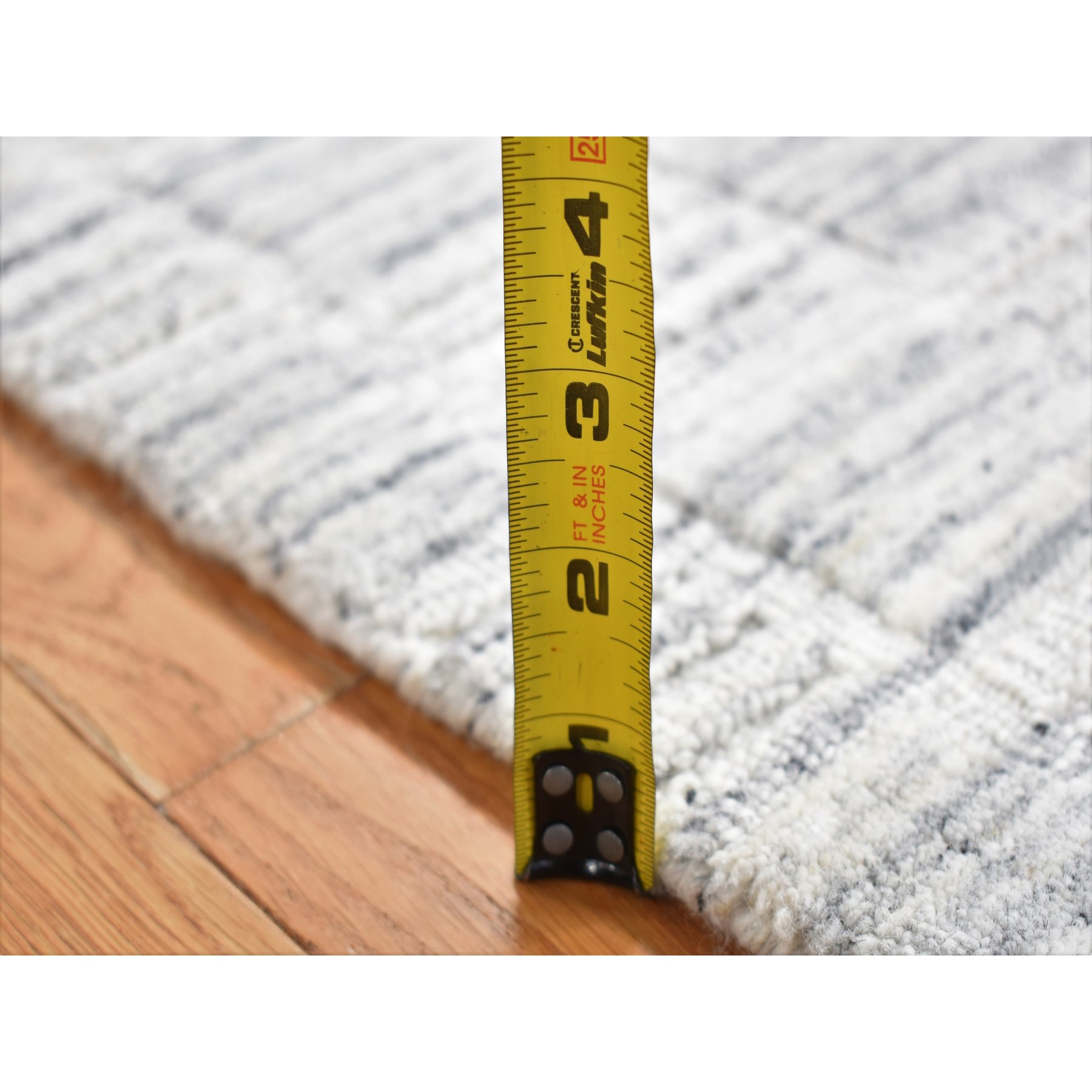 1'10"x2' Pearl White, Hand Loomed, Modern Checkers Design, Pure Wool, Sample Fragment, Squarish, Oriental Rug Sh87482