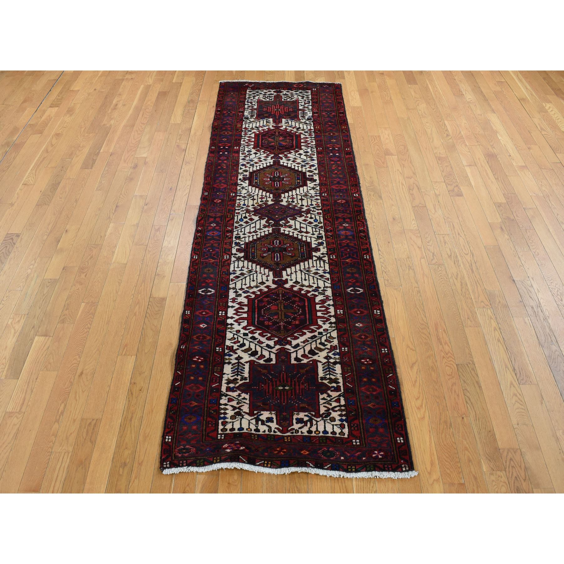 3'2"x10'5" Crimson Red, Vintage Persian Karajeh, Pure Wool, Hand Knotted, Runner Oriental Rug Sh87531