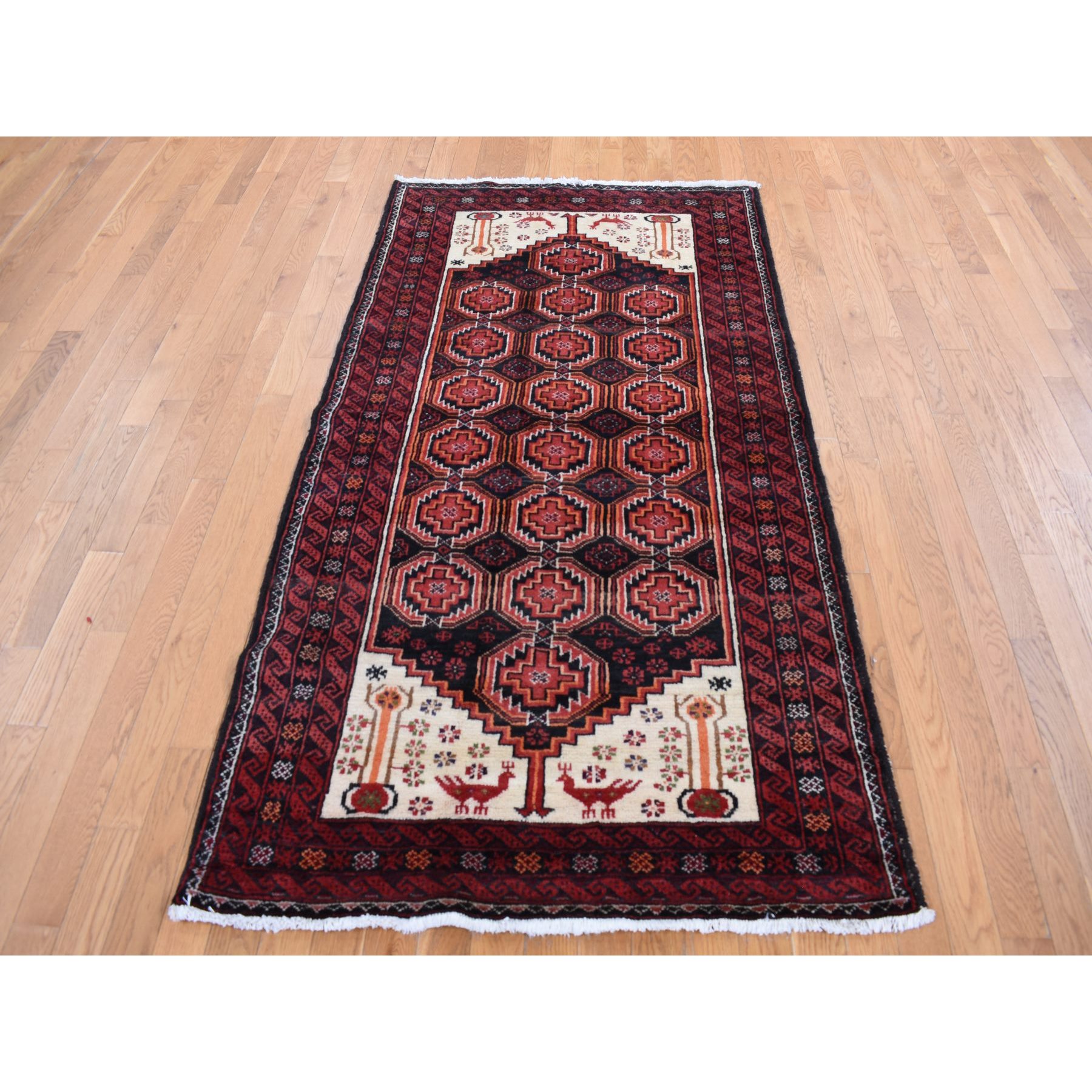 3'10"x7'1" Prismatic Red, Vintage Persian with Peacocks Design, Clean with No Wear, Pure Wool, Hand Knotted, Oriental Rug Sh87572