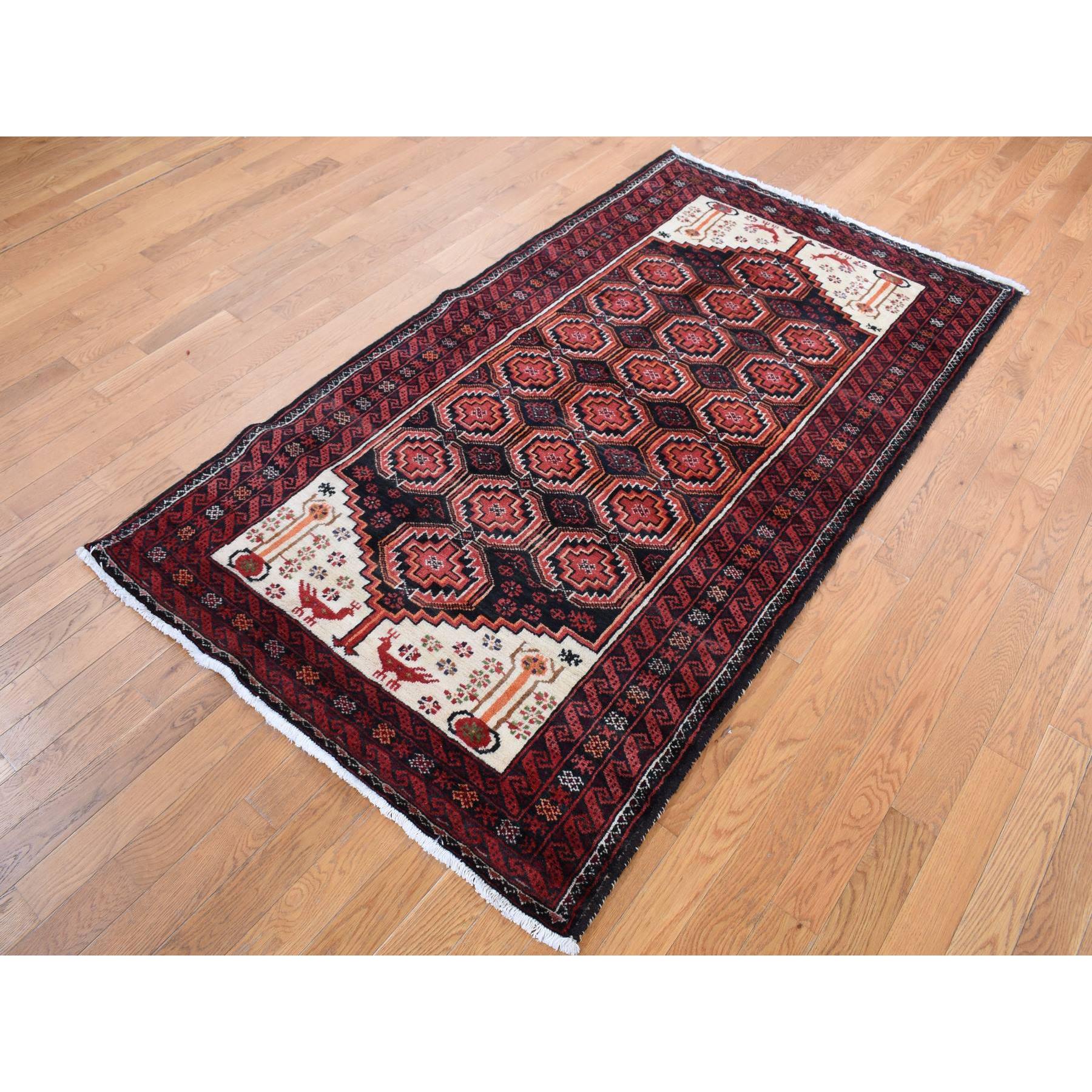 3'10"x7'1" Prismatic Red, Vintage Persian with Peacocks Design, Clean with No Wear, Pure Wool, Hand Knotted, Oriental Rug Sh87572