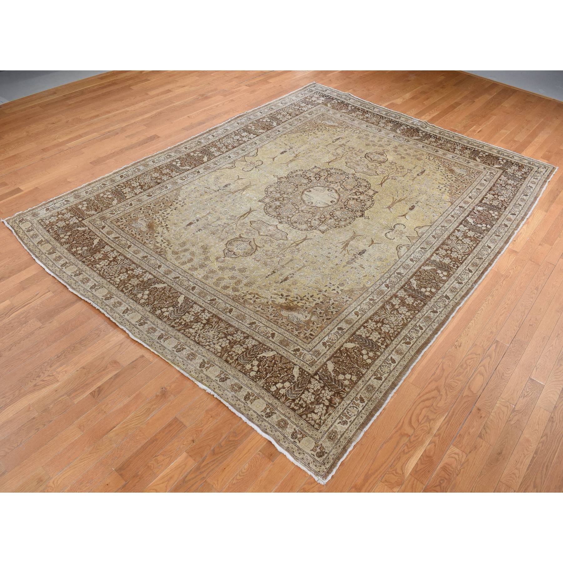 9'2"x12'5" Beeswax Brown, Antique Persian Tabriz, Birds and Trees Design, Pure Wool, Even Wear, Hand Knotted, Oriental Rug Sh87701
