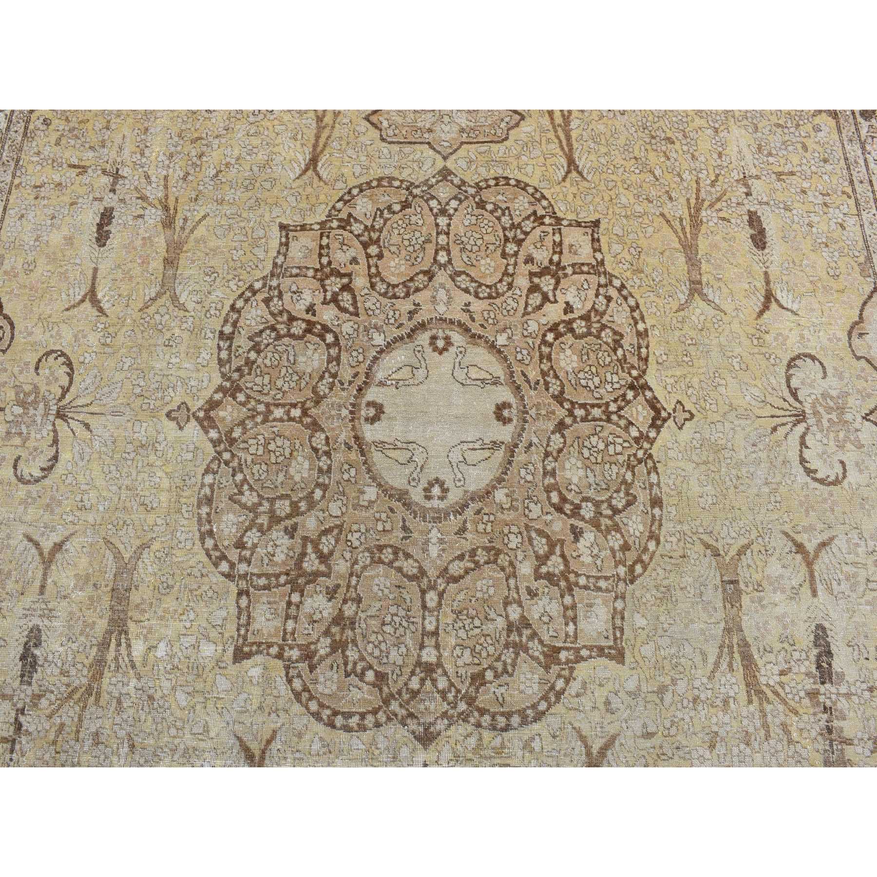 9'2"x12'5" Beeswax Brown, Antique Persian Tabriz, Birds and Trees Design, Pure Wool, Even Wear, Hand Knotted, Oriental Rug Sh87701