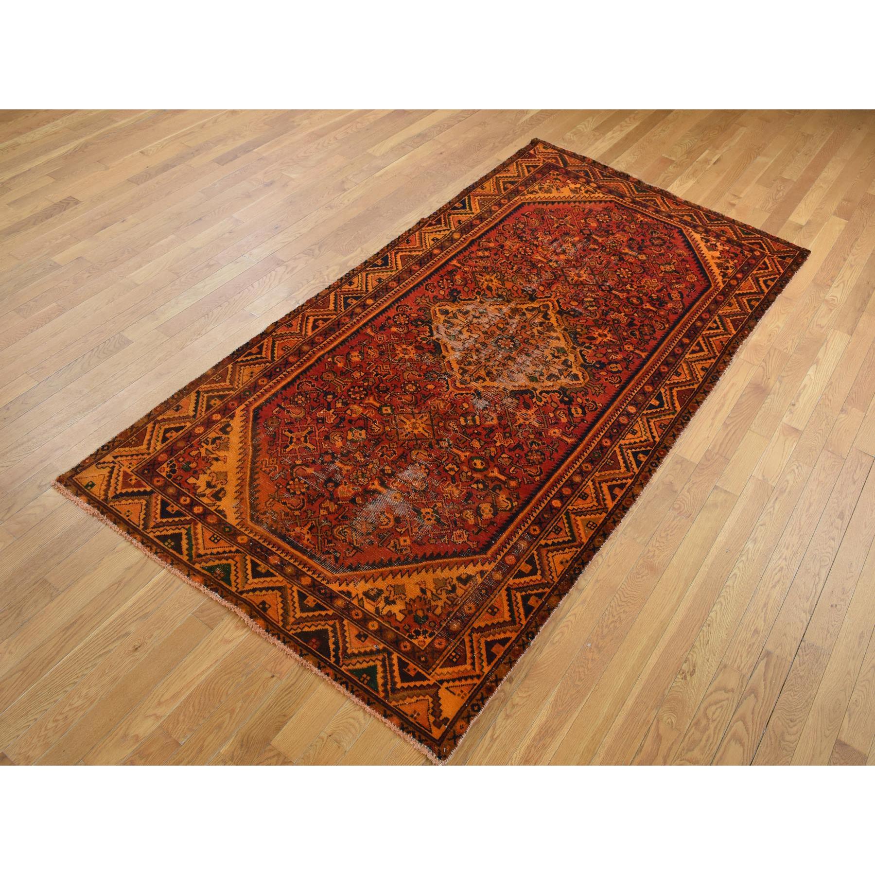 4'10"x9'7" Halloween Orange, Hand Knotted, Worn, Vintage Overdyed Persian Hamadan, Pure Wool, Wide Runner Oriental Rug Sh87731
