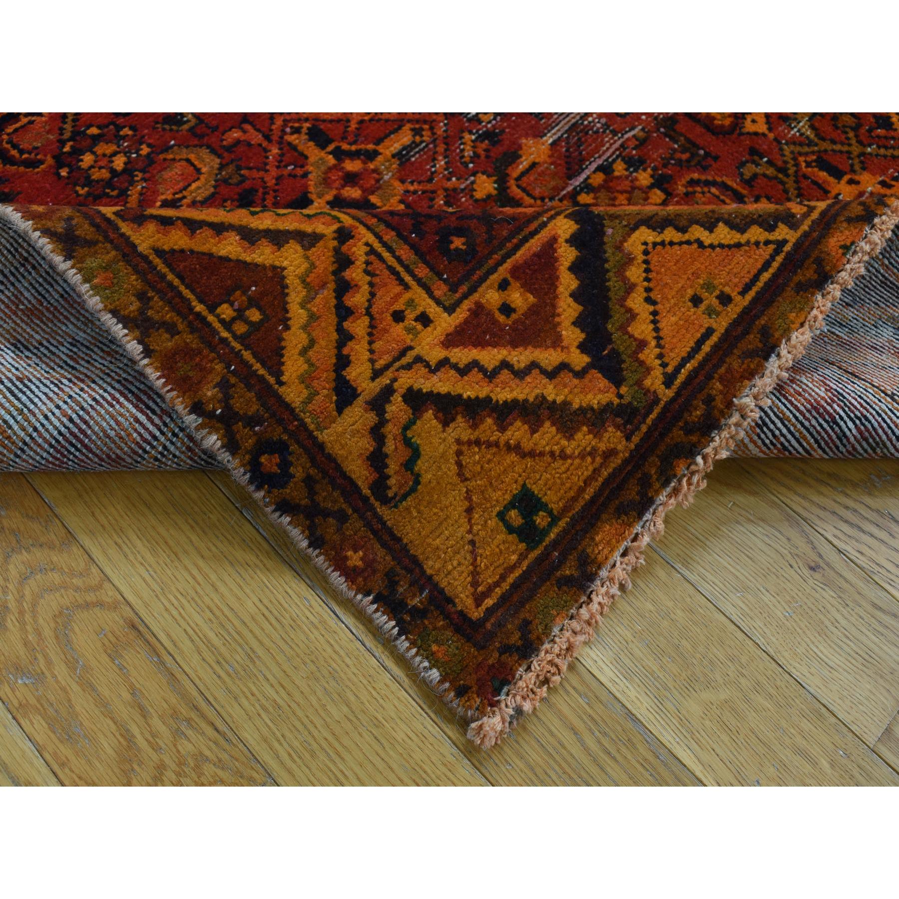 4'10"x9'7" Halloween Orange, Hand Knotted, Worn, Vintage Overdyed Persian Hamadan, Pure Wool, Wide Runner Oriental Rug Sh87731