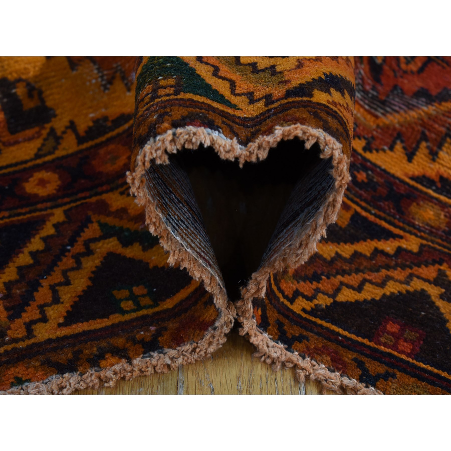 4'10"x9'7" Halloween Orange, Hand Knotted, Worn, Vintage Overdyed Persian Hamadan, Pure Wool, Wide Runner Oriental Rug Sh87731
