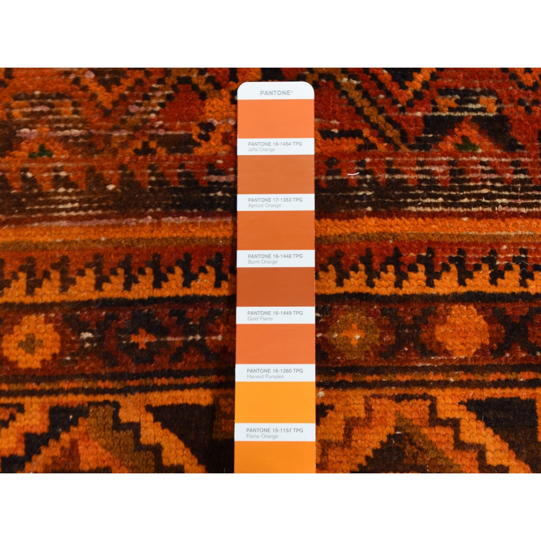 4'10"x9'7" Halloween Orange, Hand Knotted, Worn, Vintage Overdyed Persian Hamadan, Pure Wool, Wide Runner Oriental Rug Sh87731