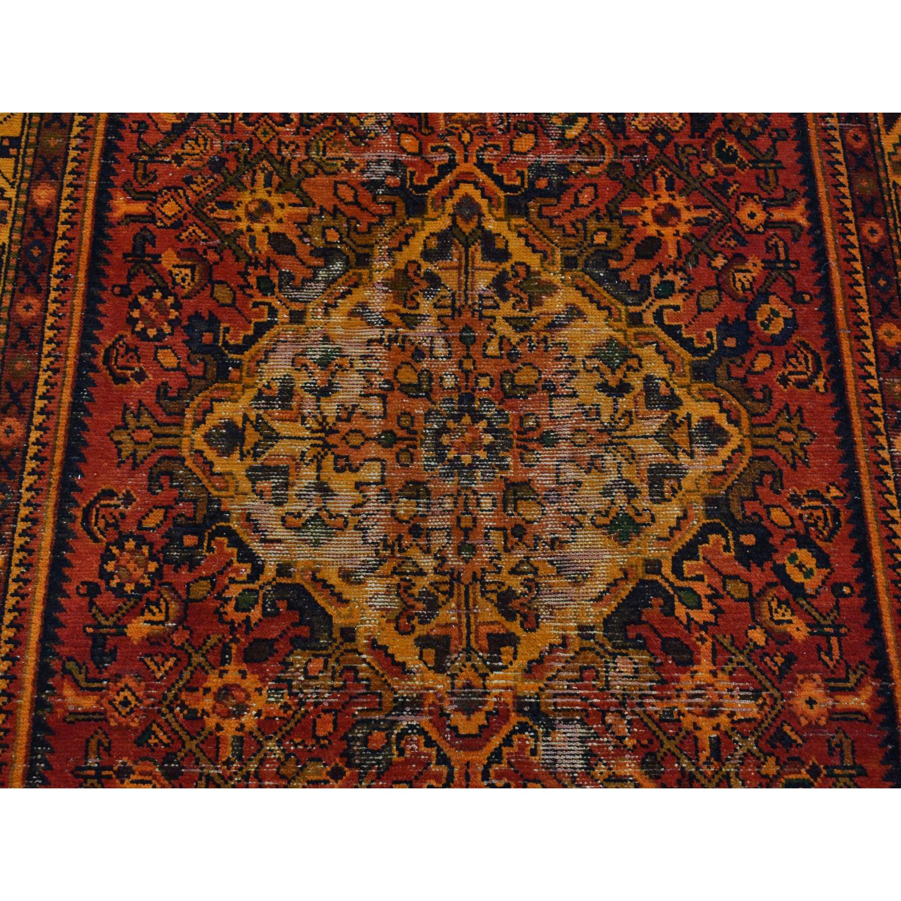 4'10"x9'7" Halloween Orange, Hand Knotted, Worn, Vintage Overdyed Persian Hamadan, Pure Wool, Wide Runner Oriental Rug Sh87731