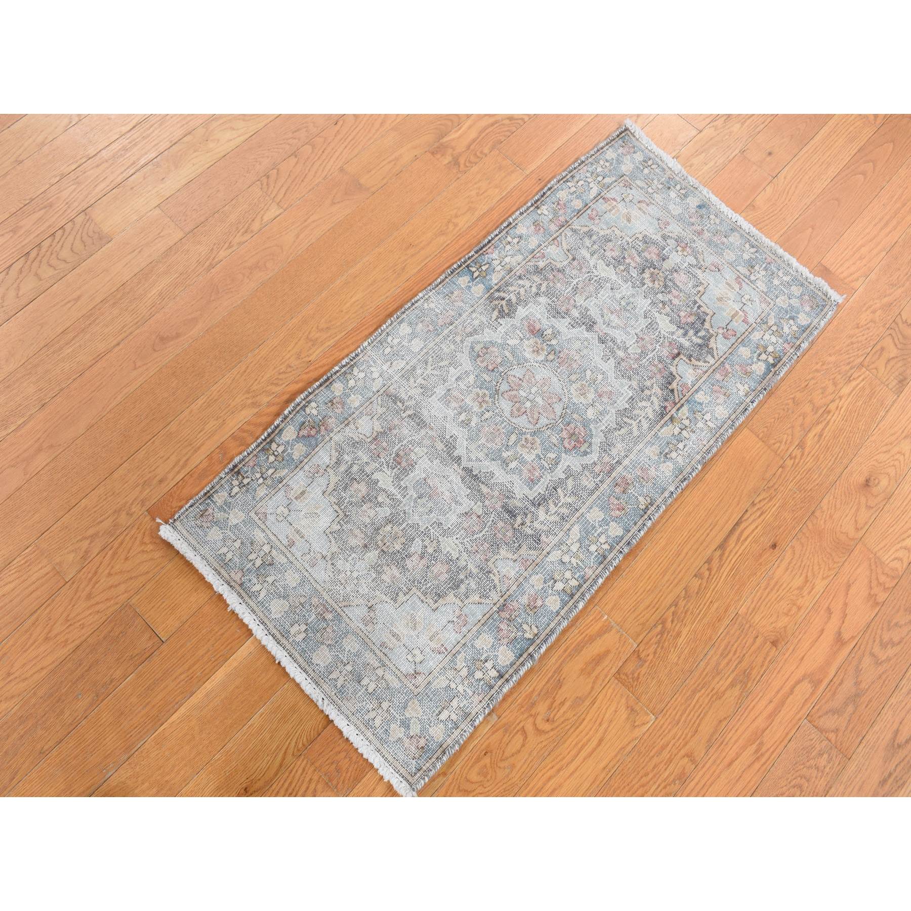 1'8"x3'7" Misty Gray, Pure Wool, Vintage Persian Kerman, Hand Knotted, Mat Oriental Rug Sh87775