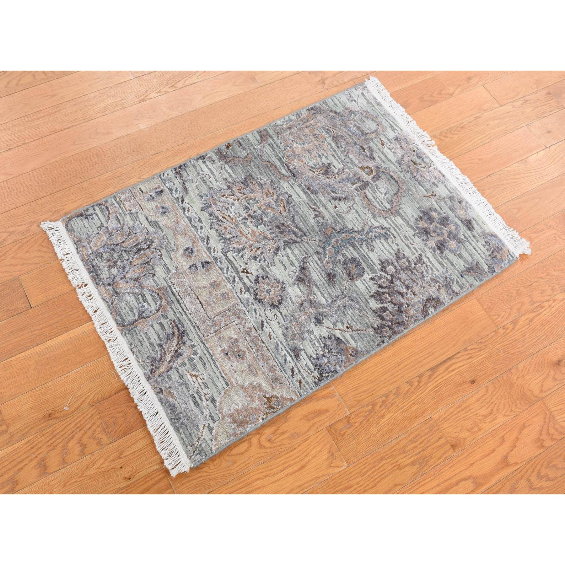 2'x3' Nyanza Green, Pure Silk with Textured Wool, Mughal Design, Hand Knotted, Mat Oriental Rug Sh87776
