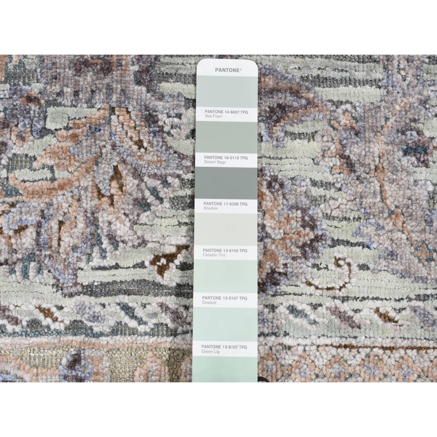 2'x3' Nyanza Green, Pure Silk with Textured Wool, Mughal Design, Hand Knotted, Mat Oriental Rug Sh87776