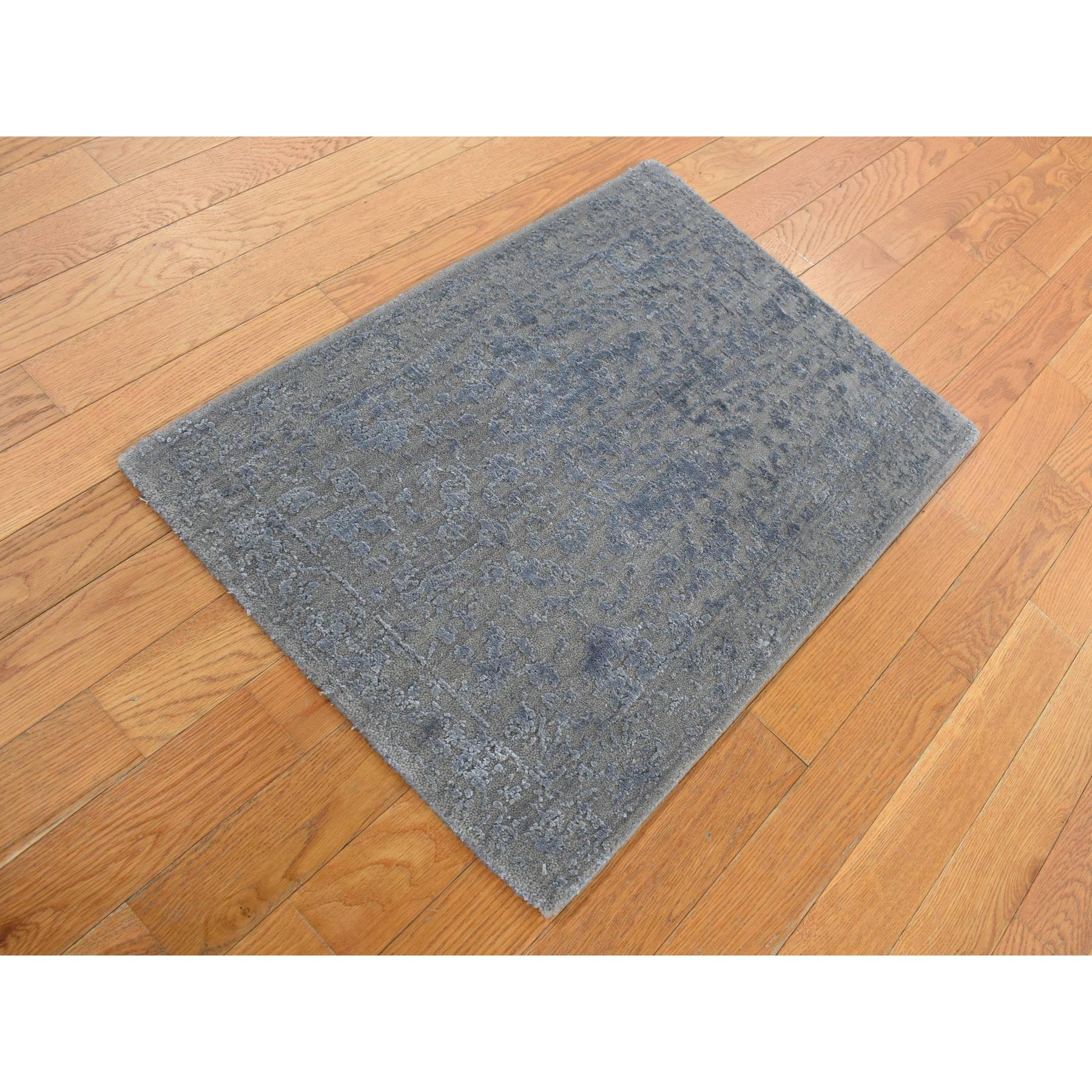 2'x2'10" Battleship Gray, Tone on Tone, Wool and Silk, Abstract Design, Hand Loomed, Sample Oriental Rug Sh87804
