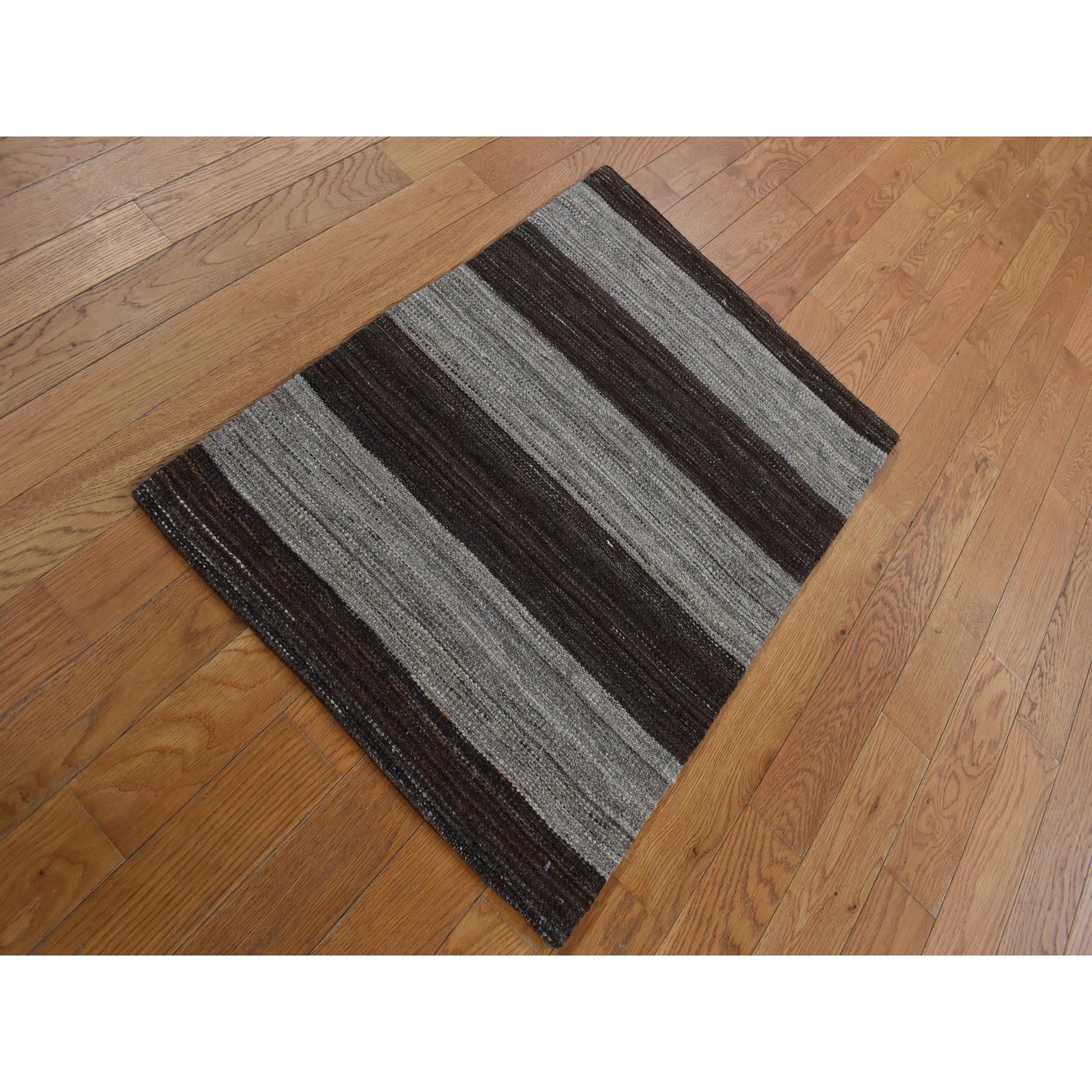 2'x3' Taupe Brown, Natural Wool, Hand Woven, Undyed Flat Weave Kilim, Wide Stripe Design, Sample Oriental Rug Sh87814