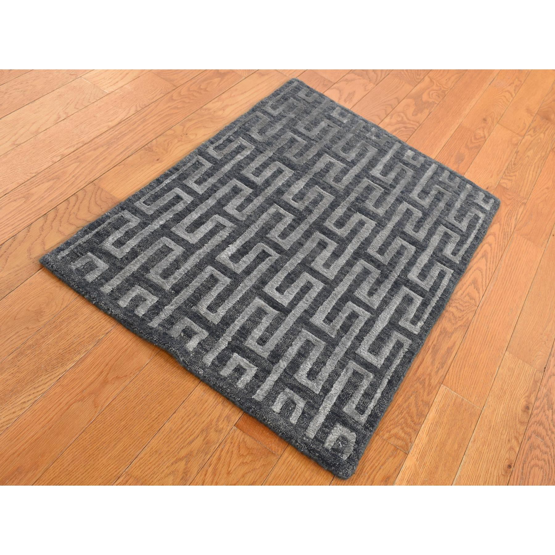 2'x2'10" Charcoal Gray, Wool and Silk, Modern Roman Key Design, Hand Knotted, Sample Oriental Rug Sh87821