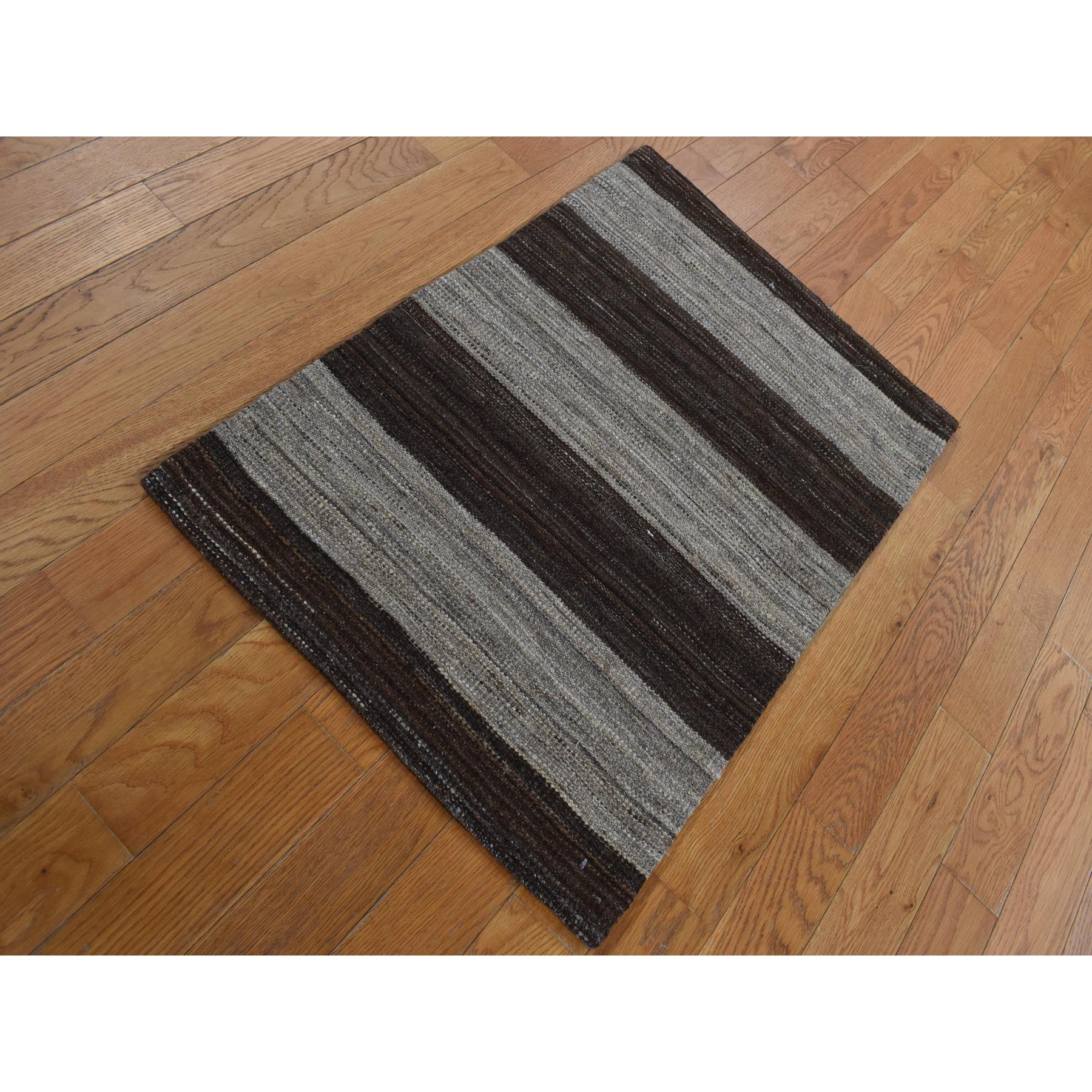 2'x3' Taupe Brown, Flat Weave Kilim, Wide Stripe Design, Undyed Natural Wool, Hand Woven, Sample Oriental Rug Sh87822