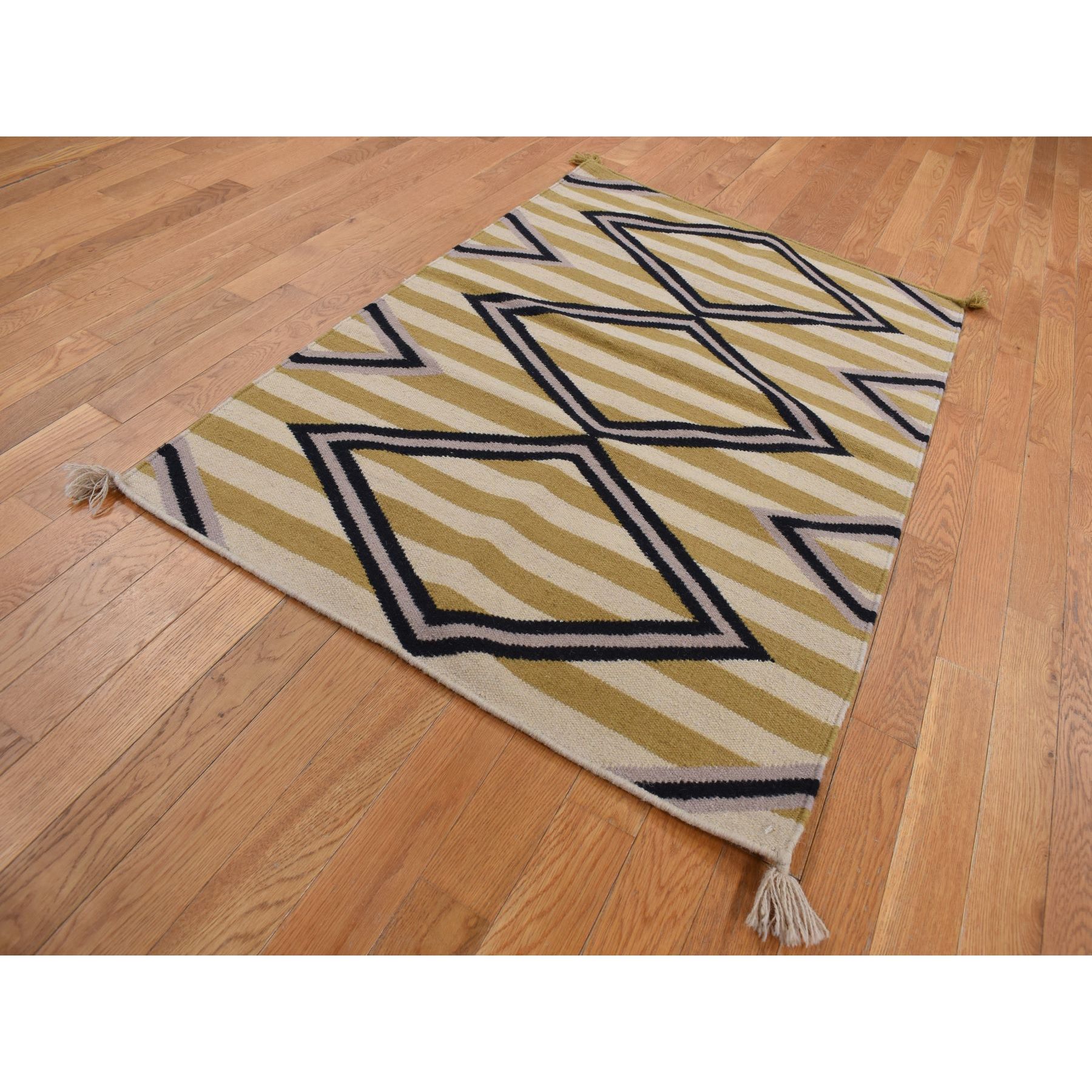 3'2"x5' Cream Color, Navajo Striped Design, Flat Weave, Hand Woven, Oriental Rug Sh87831