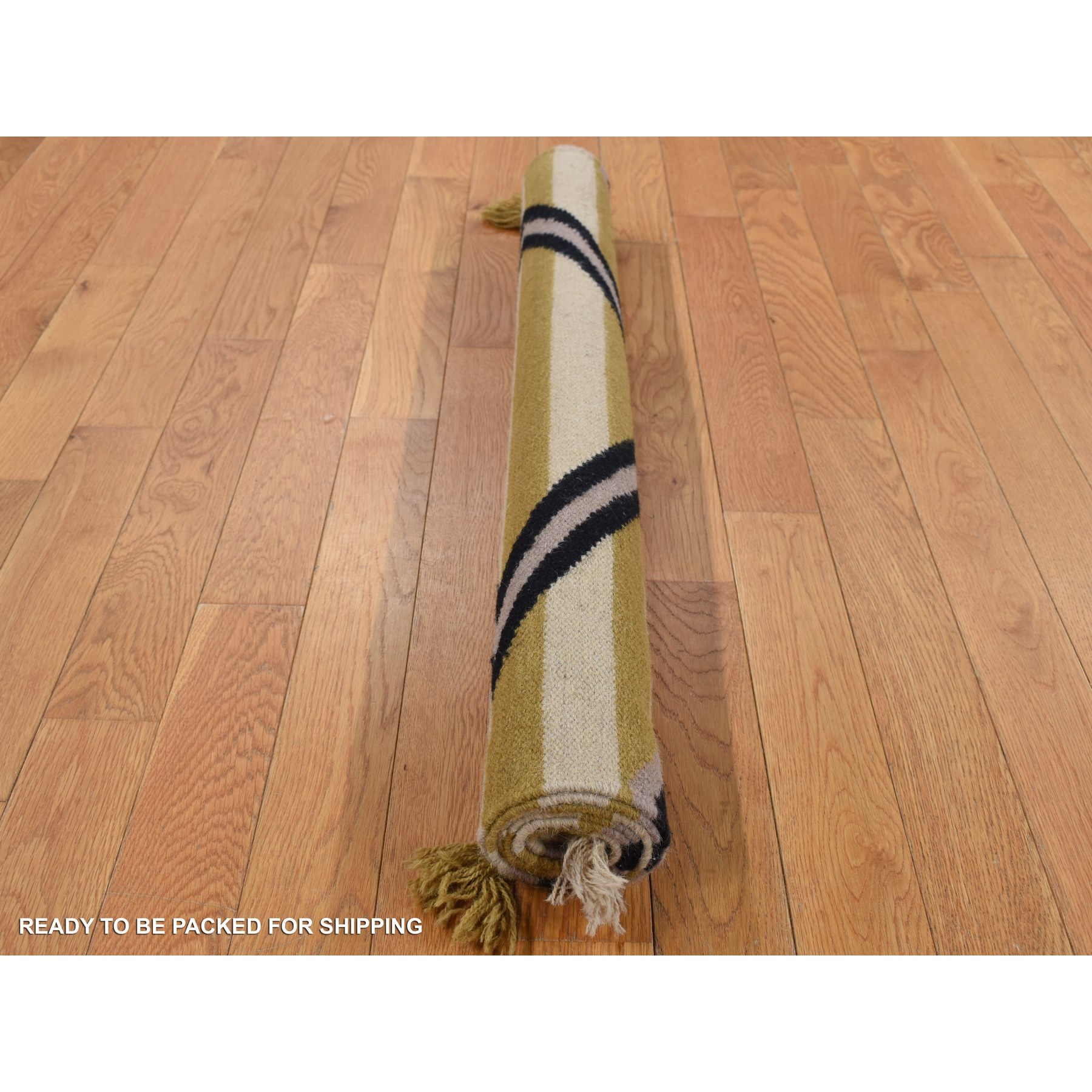 3'2"x5' Cream Color, Navajo Striped Design, Flat Weave, Hand Woven, Oriental Rug Sh87831