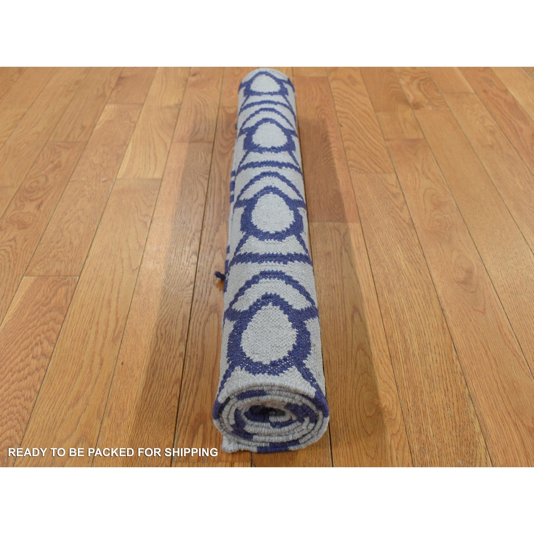 2'6''x6' Ice Blue, Hand Woven, Durie Kilim, Geometric Design, Wool, Flat Weave, Reversible, Runner Oriental Rug Sh87832
