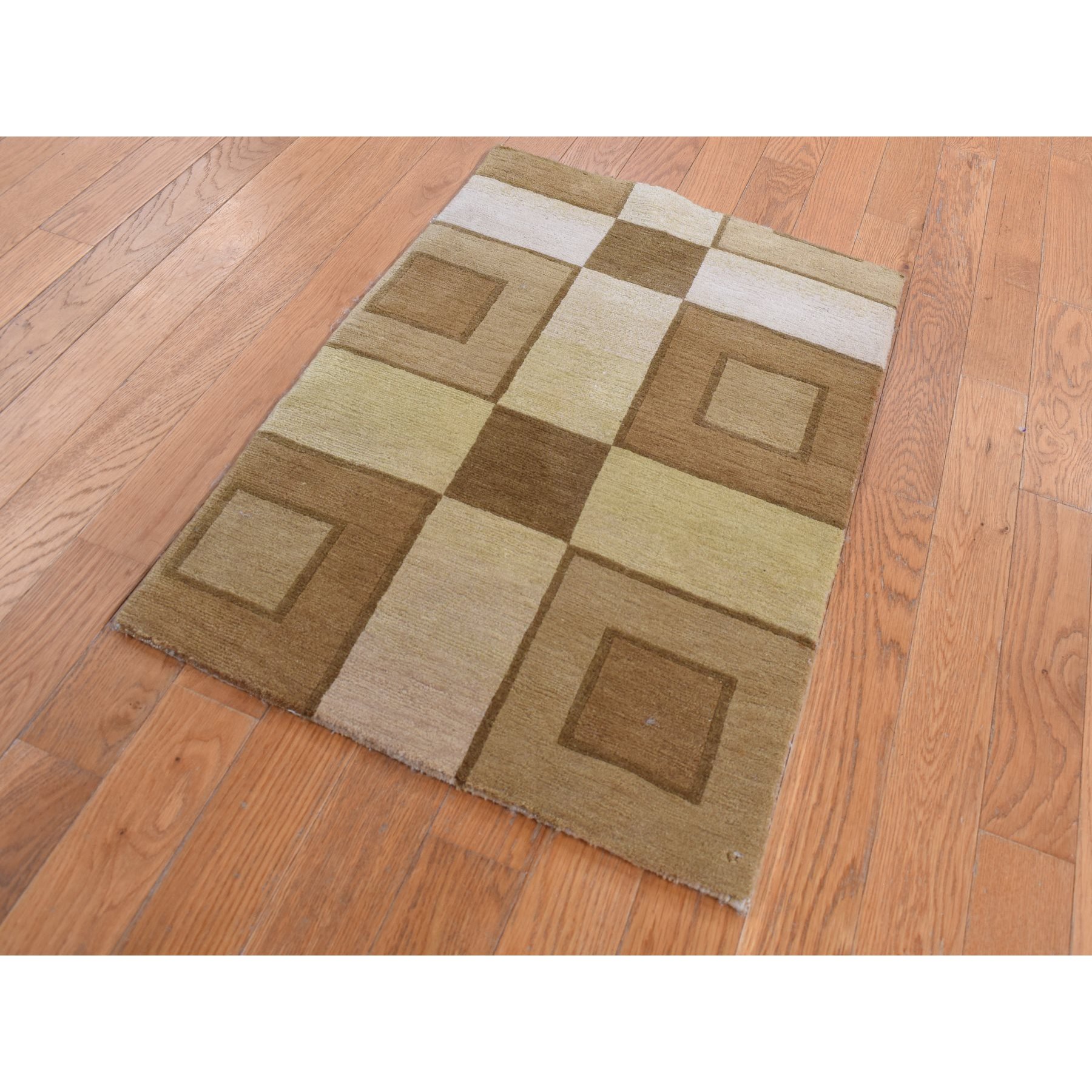 1'10"x2'10" Tan Brown, Modern Nepali Squares Design, 100% Wool, Hand Knotted, Oriental Rug Sh87836