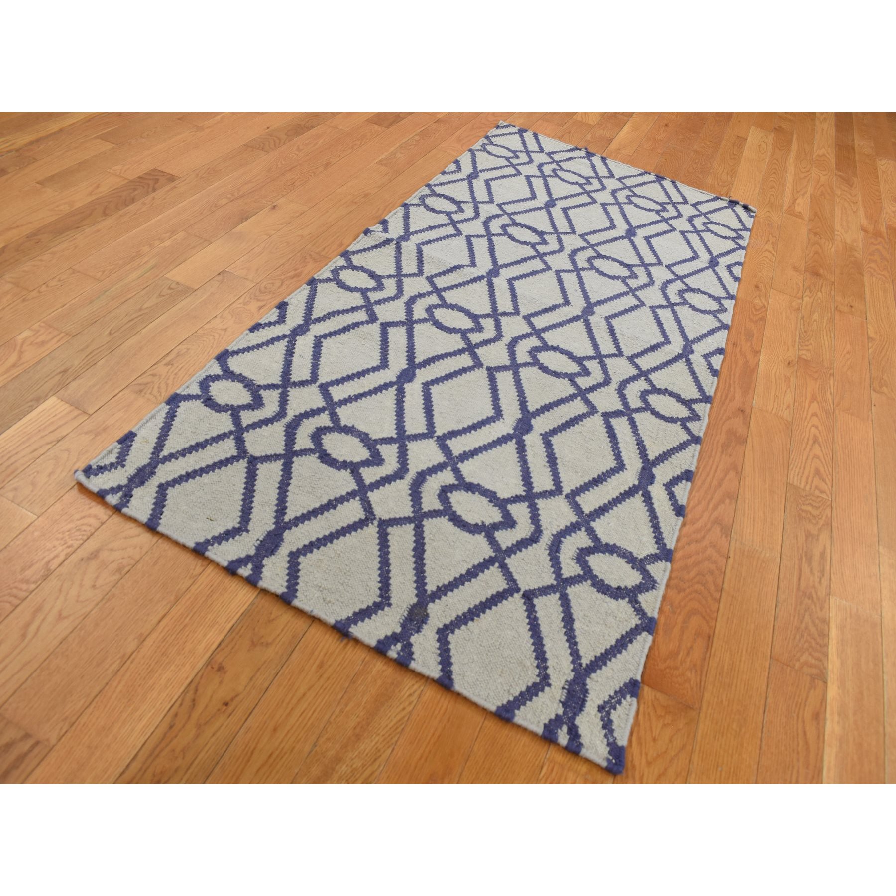 3'1"x5'2" Ice Blue, Durie Kilim Flat Weave, Geometric Design, Hand Woven, Reversible, 100% Wool, Oriental Rug Sh87841
