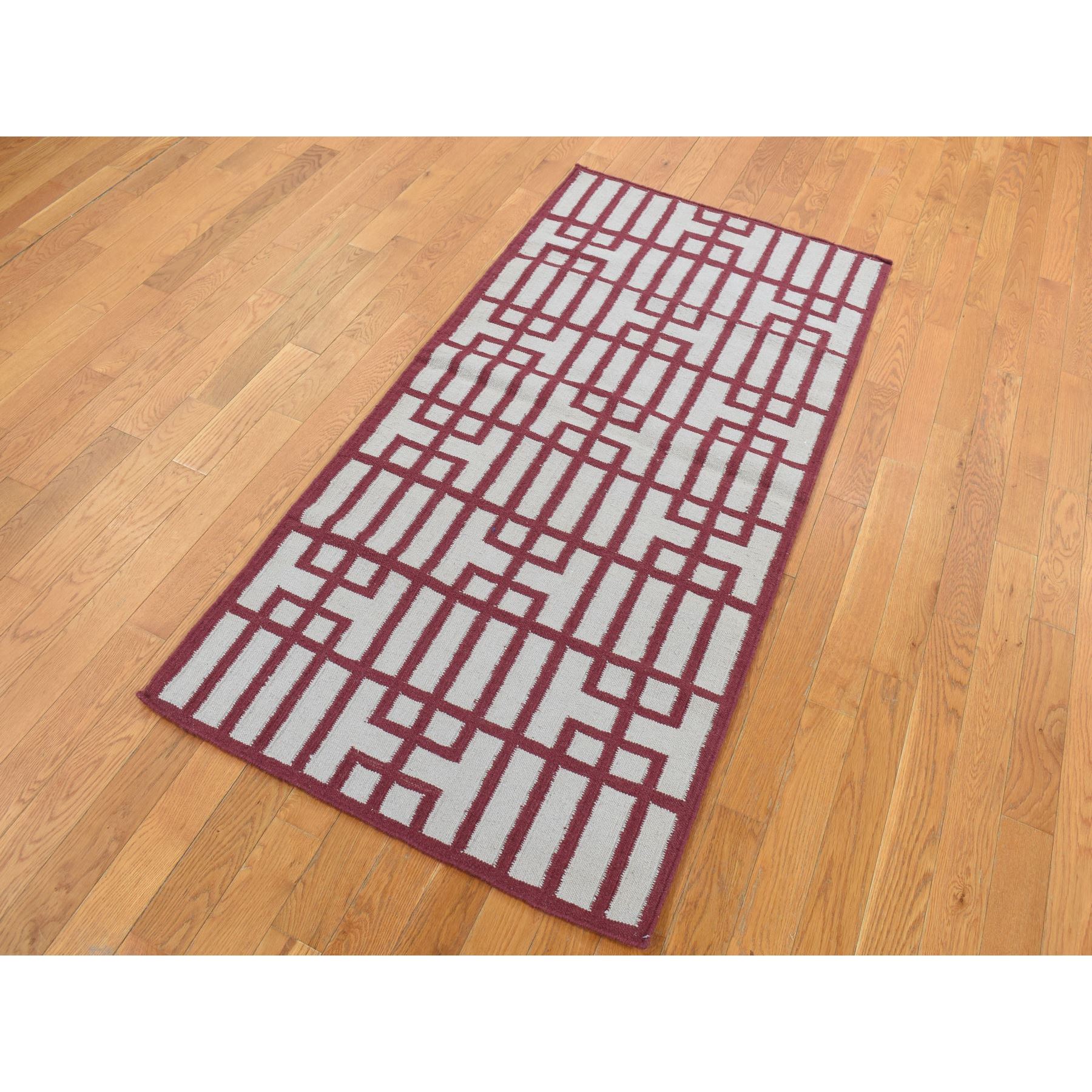 2'5"x6'1" Alabama Crimson Red, Flat Weave Reversible Kilim, Geometrical Line Design, 100% Wool, Hand Woven, Runner Oriental Rug Sh87847