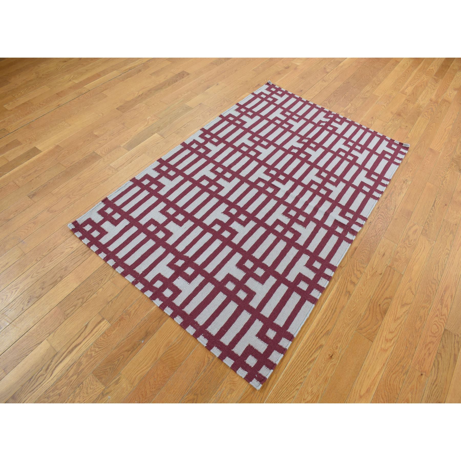 4'x6'2" Alabama Crimson Red, Flat Weave Reversible Kilim, Geometrical Line Design, 100% Wool, Hand Woven, Oriental Rug Sh87854