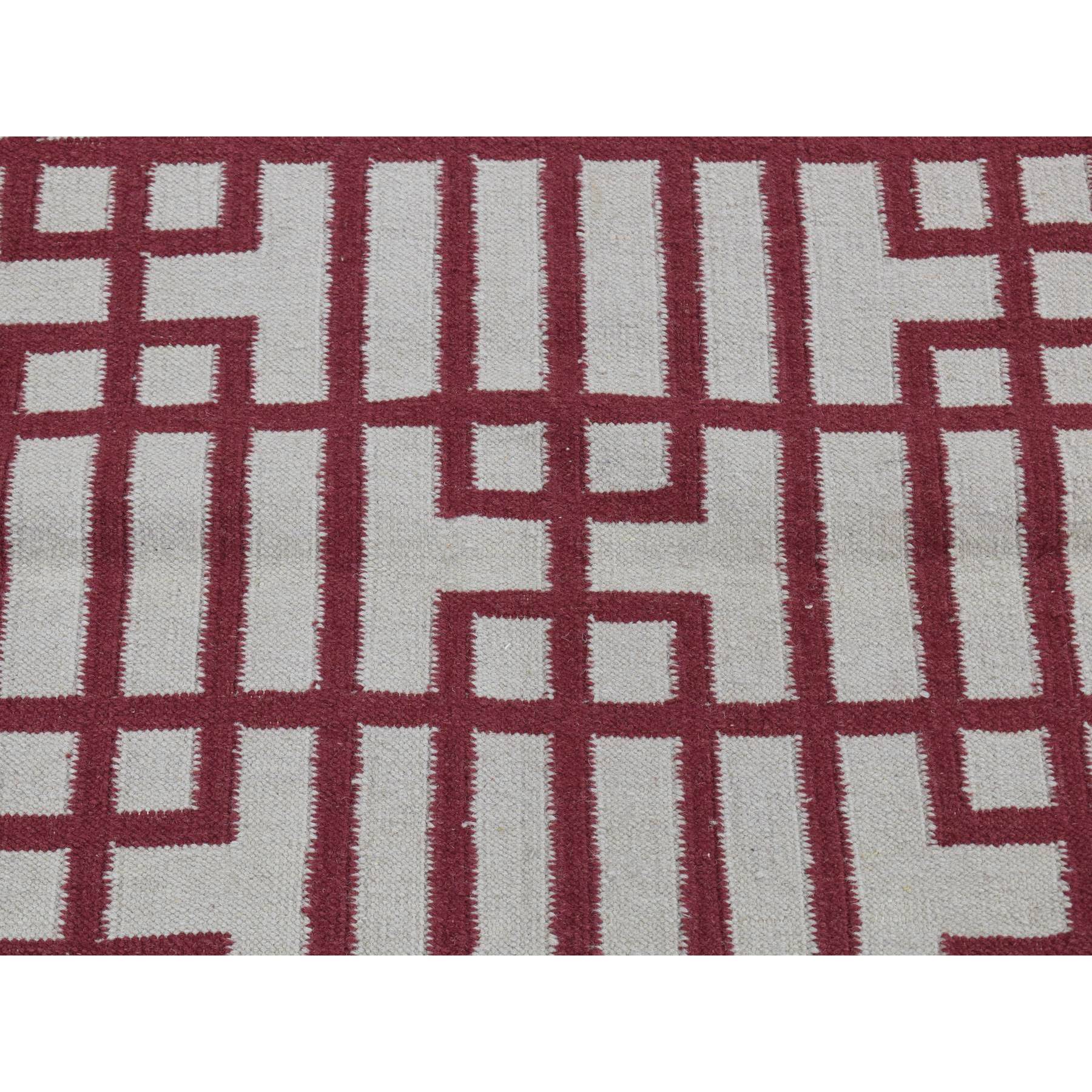 4'x6'2" Alabama Crimson Red, Flat Weave Reversible Kilim, Geometrical Line Design, 100% Wool, Hand Woven, Oriental Rug Sh87854