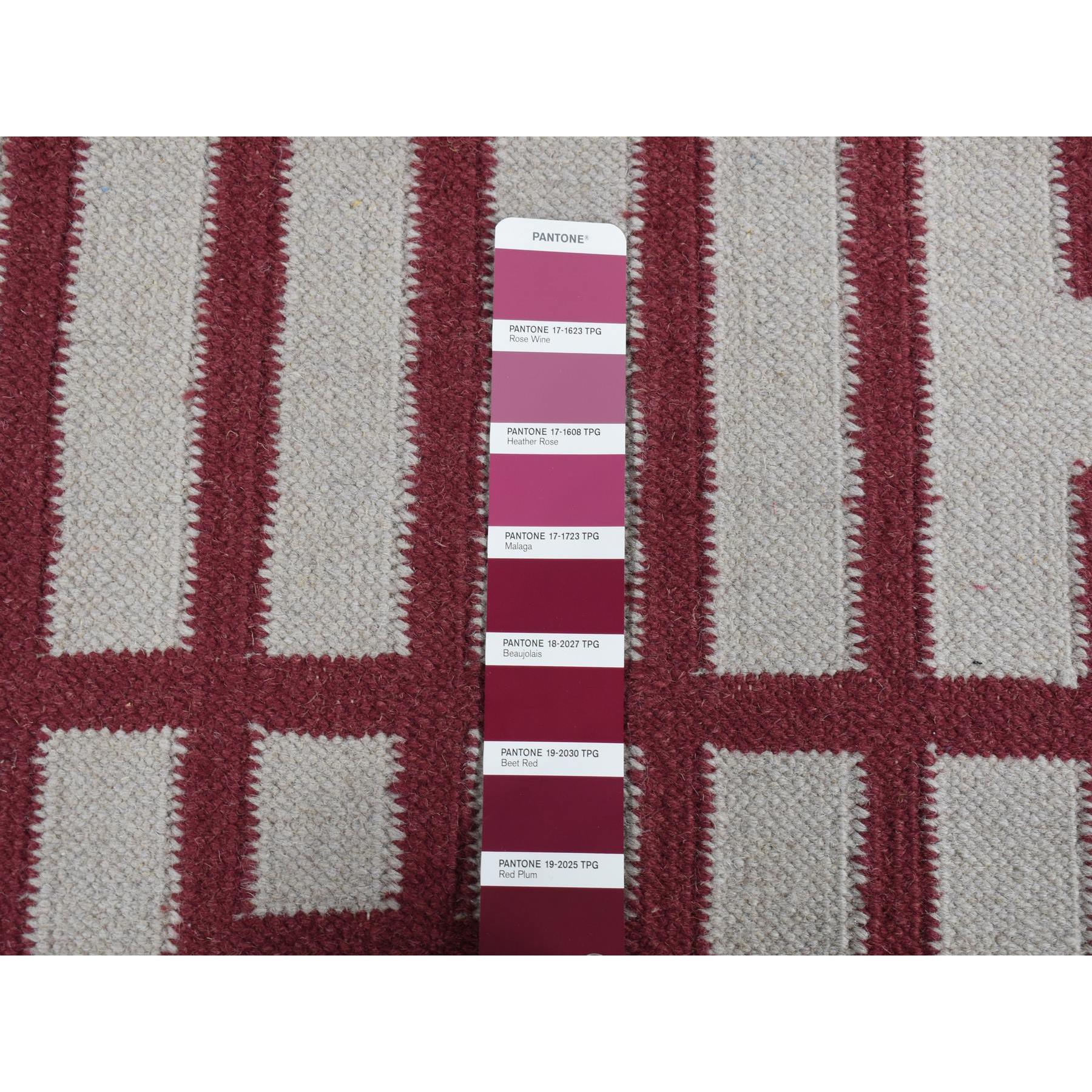 4'x6'2" Alabama Crimson Red, Flat Weave Reversible Kilim, Geometrical Line Design, 100% Wool, Hand Woven, Oriental Rug Sh87854
