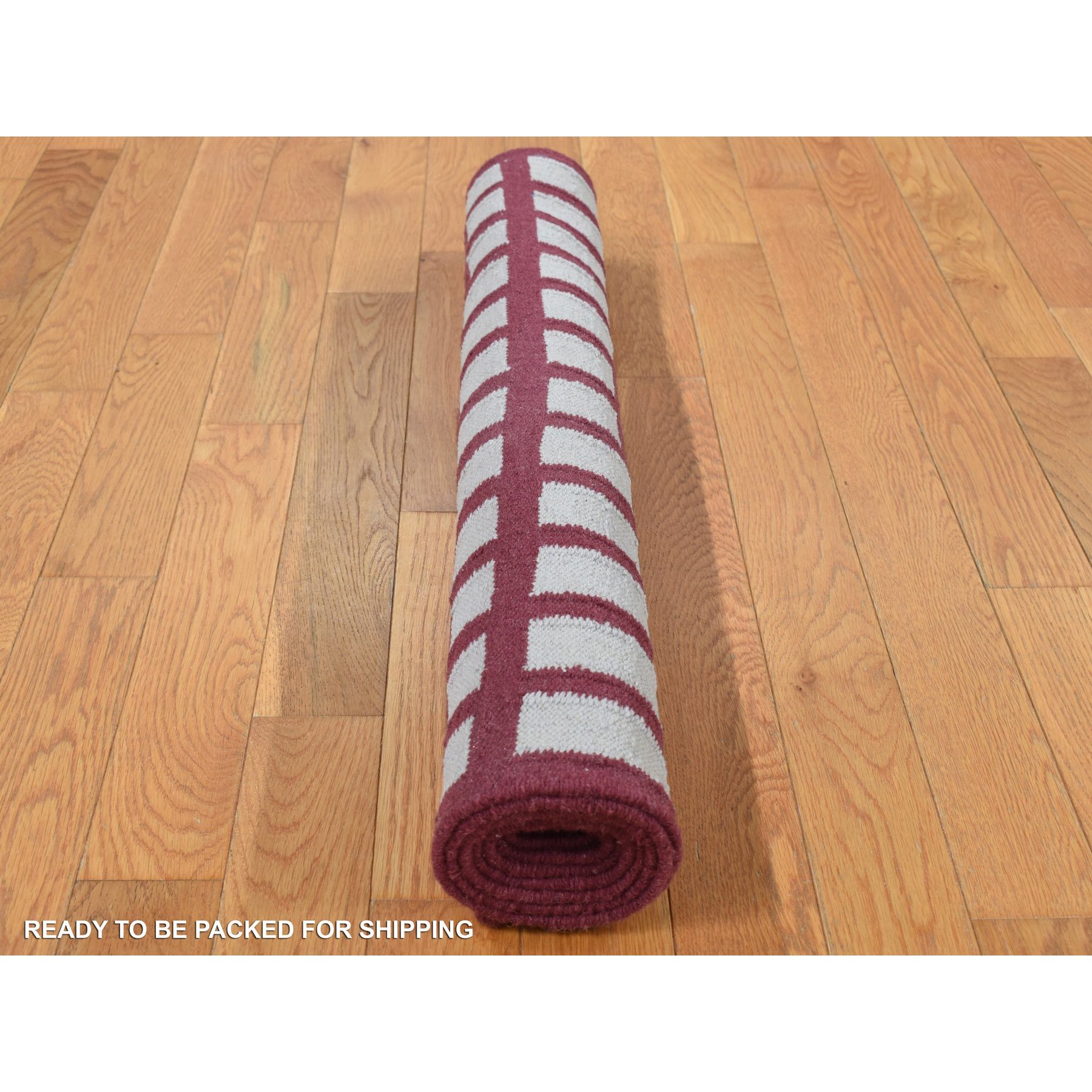 4'x6'2" Alabama Crimson Red, Flat Weave Reversible Kilim, Geometrical Line Design, 100% Wool, Hand Woven, Oriental Rug Sh87854