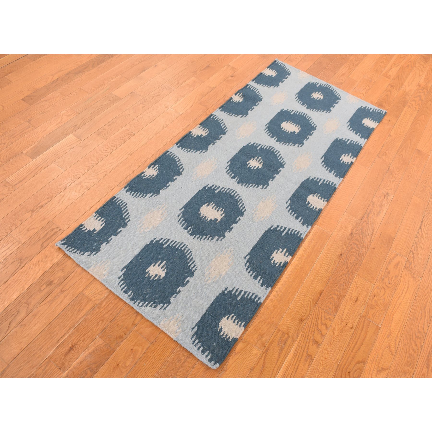 2'6"x6' Marian Blue, 100% Wool, Hand Knotted, Durie Modern Geometric Design, Flat Weave, Runner Oriental Rug Sh87864