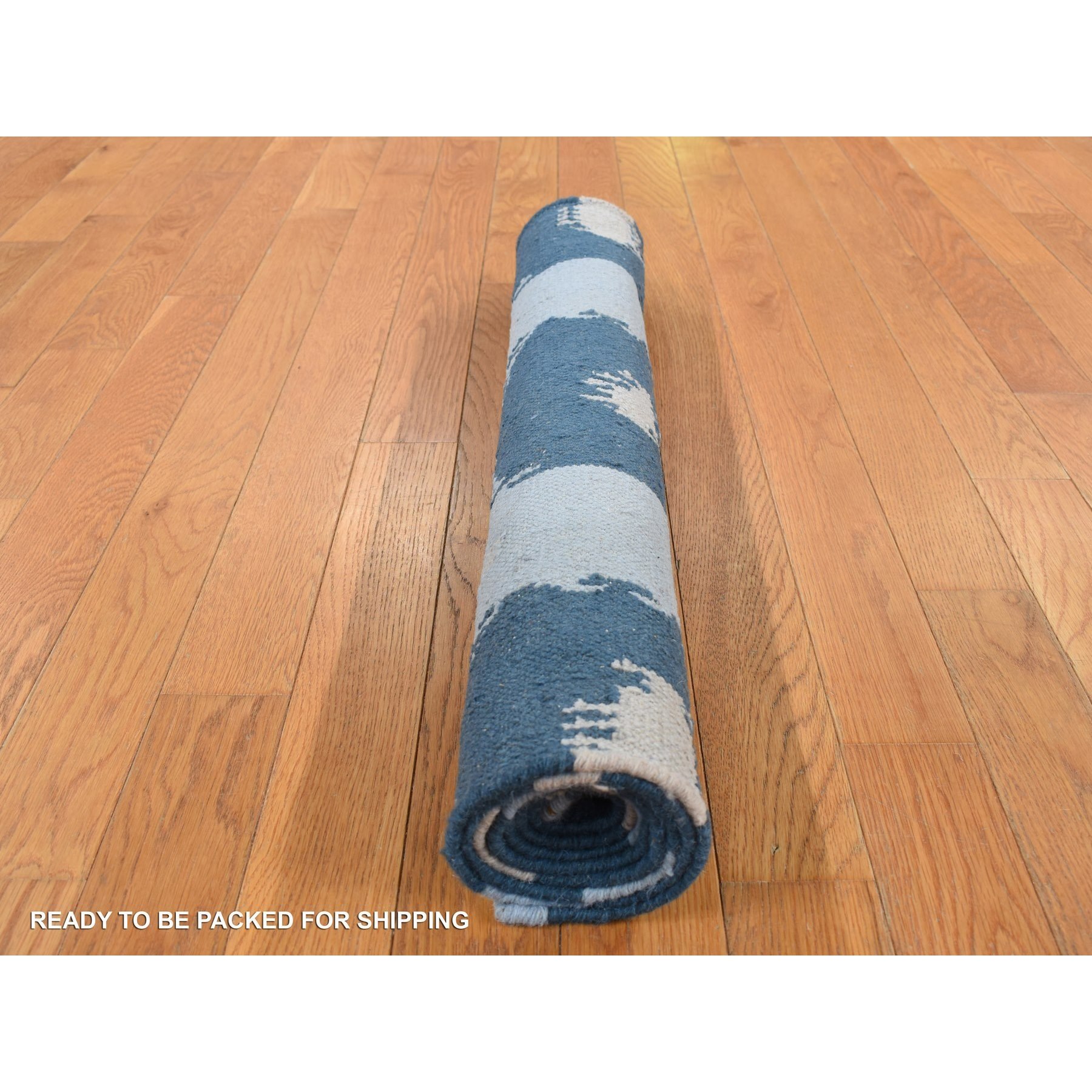 2'6"x6' Marian Blue, 100% Wool, Hand Knotted, Durie Modern Geometric Design, Flat Weave, Runner Oriental Rug Sh87864