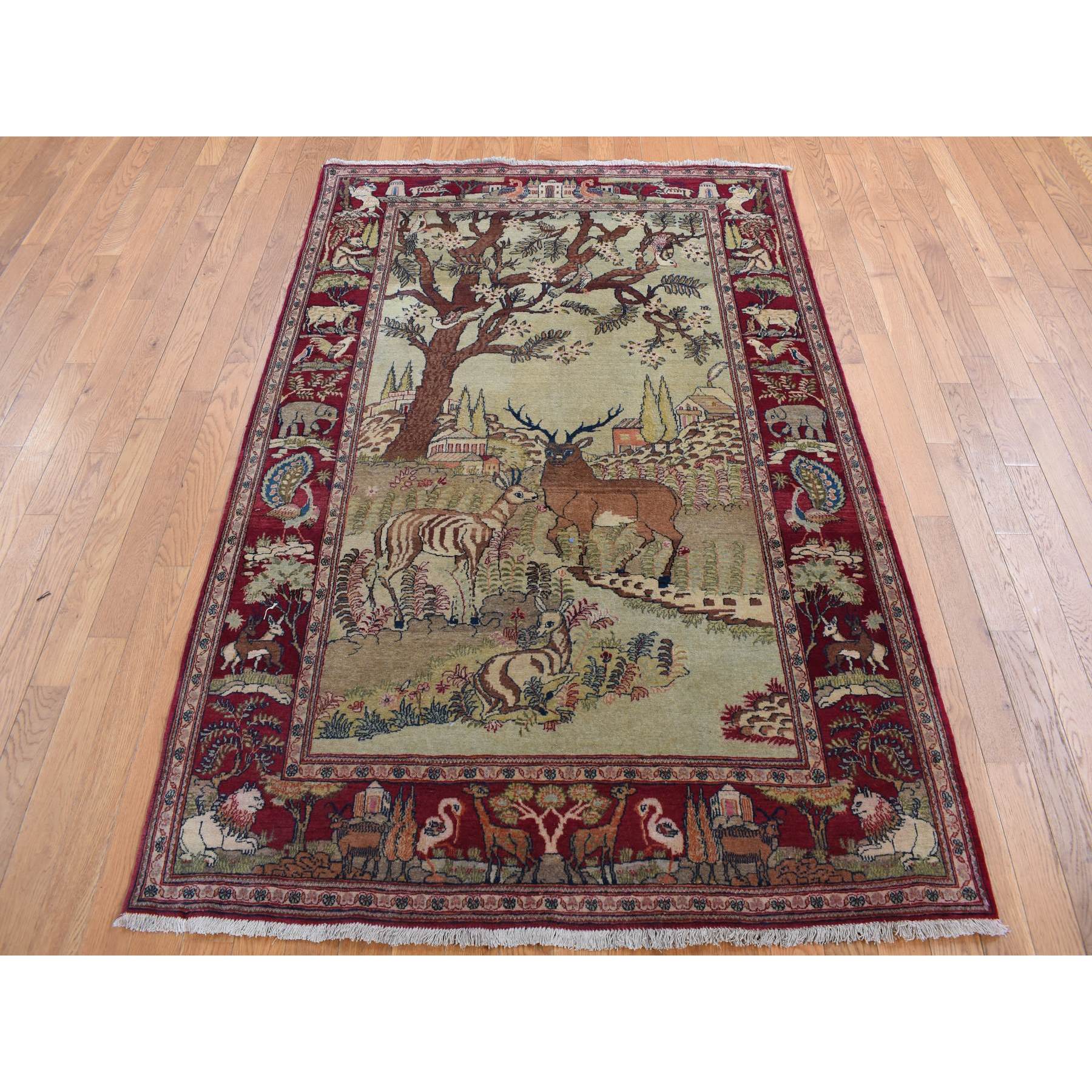 4'7"x6'7" Vanilla White, Antique Persian Pictorial Kashan with Deer, Lion, Monkey, Bird and More, Full Pile, Mint Condition, Hand Knotted, Pure Wool, Oriental Rug Sh87875