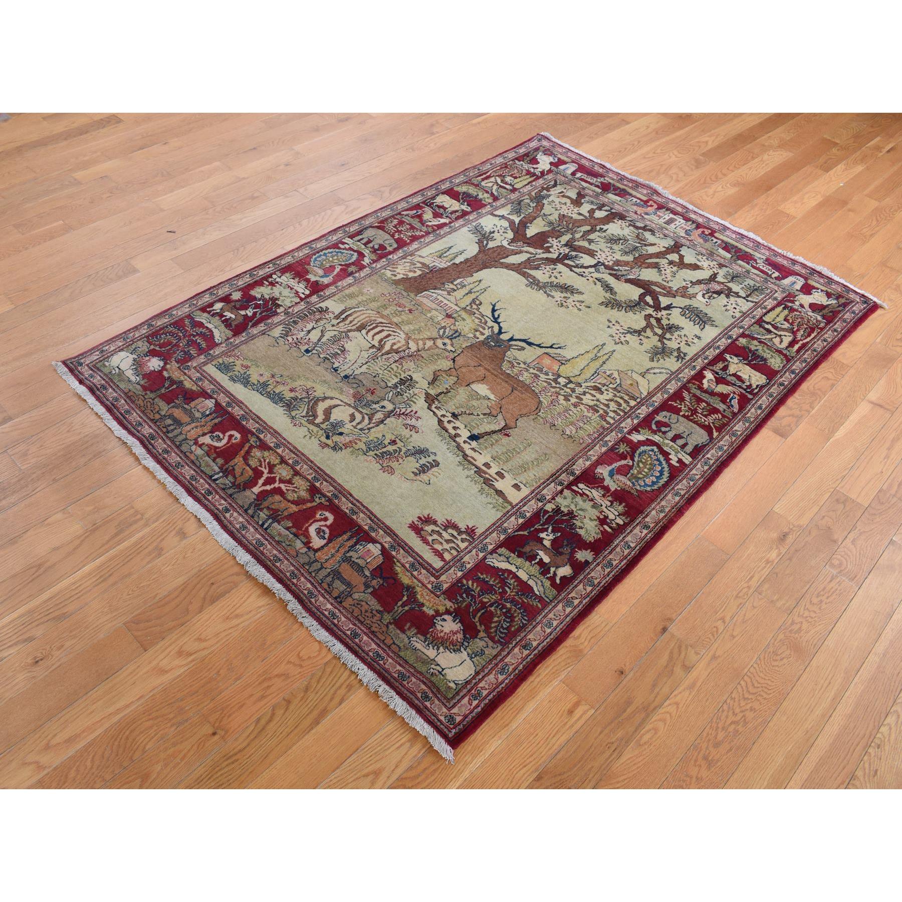 4'7"x6'7" Vanilla White, Antique Persian Pictorial Kashan with Deer, Lion, Monkey, Bird and More, Full Pile, Mint Condition, Hand Knotted, Pure Wool, Oriental Rug Sh87875