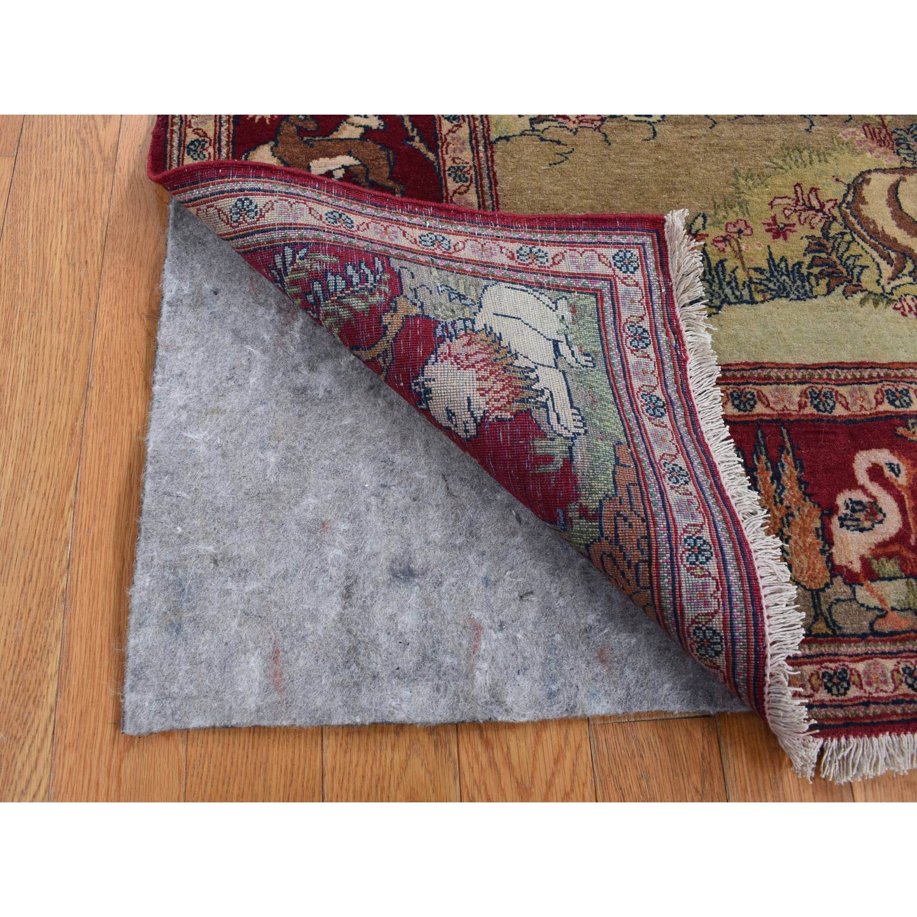 4'7"x6'7" Vanilla White, Antique Persian Pictorial Kashan with Deer, Lion, Monkey, Bird and More, Full Pile, Mint Condition, Hand Knotted, Pure Wool, Oriental Rug Sh87875