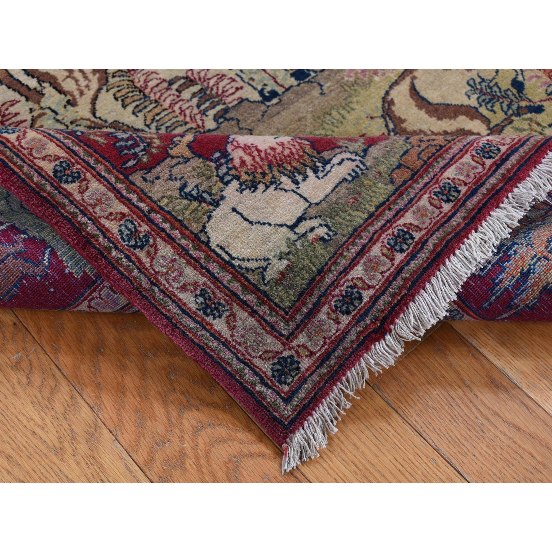 4'7"x6'7" Vanilla White, Antique Persian Pictorial Kashan with Deer, Lion, Monkey, Bird and More, Full Pile, Mint Condition, Hand Knotted, Pure Wool, Oriental Rug Sh87875