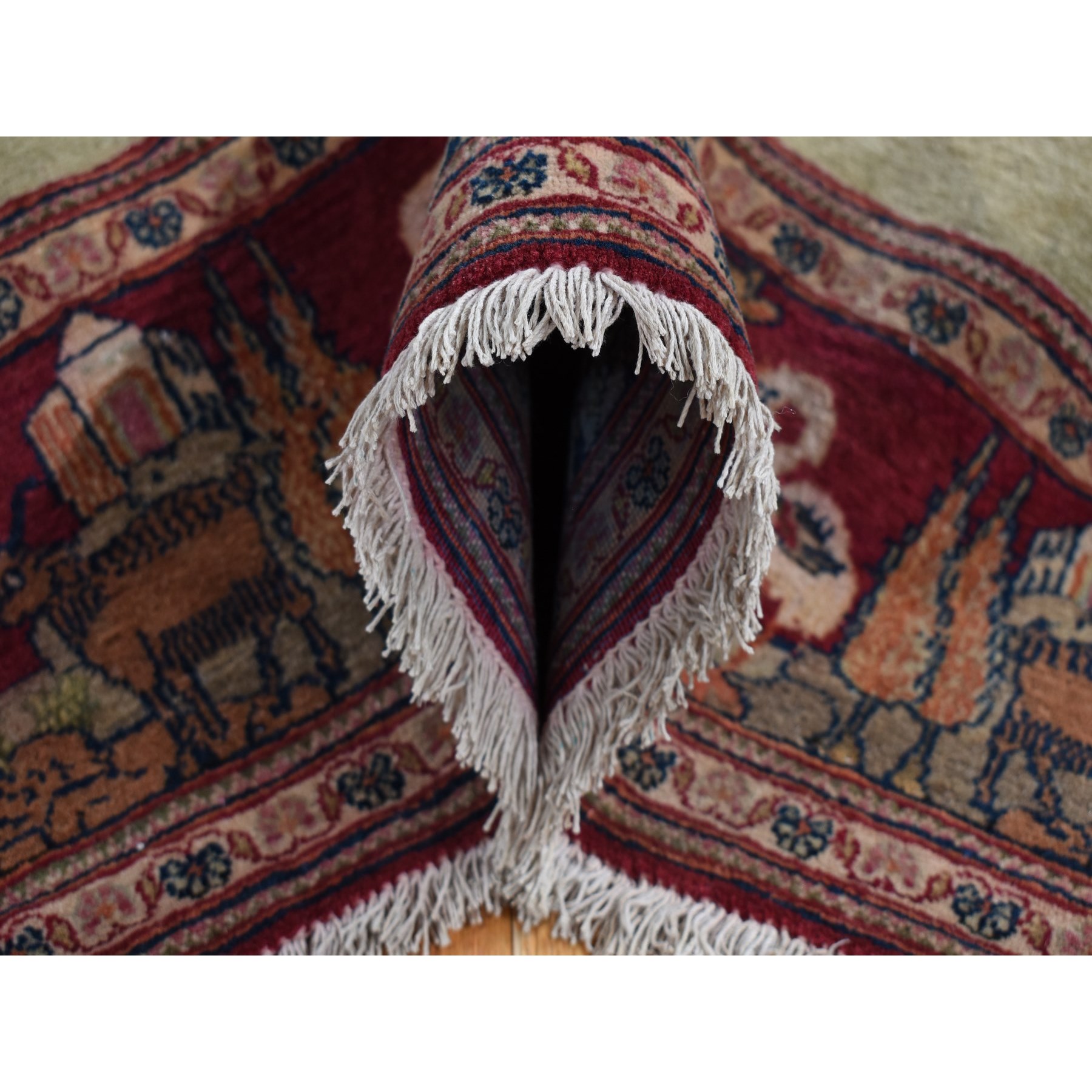 4'7"x6'7" Vanilla White, Antique Persian Pictorial Kashan with Deer, Lion, Monkey, Bird and More, Full Pile, Mint Condition, Hand Knotted, Pure Wool, Oriental Rug Sh87875